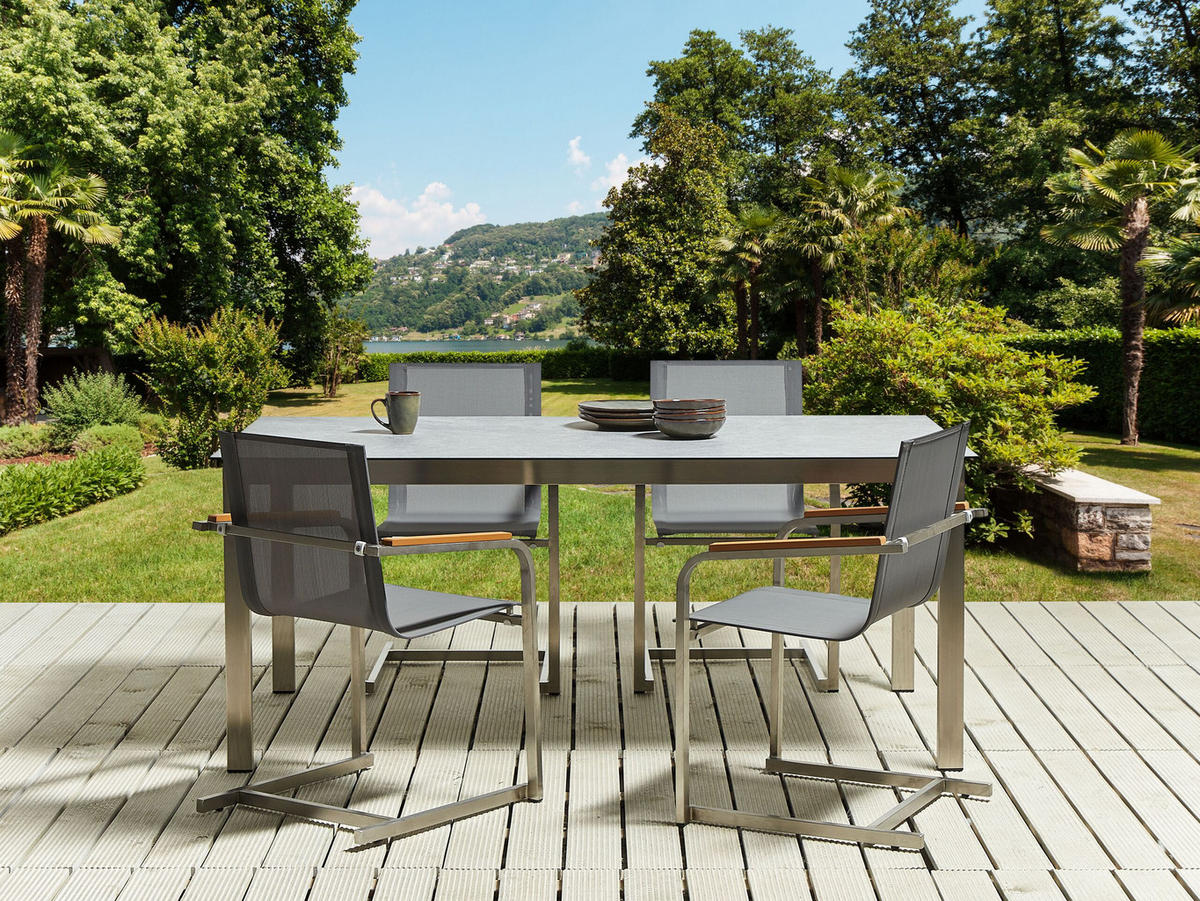GARTENMÖBEL SET 4-Sitzer Keramik-Glas Textil grau Cosoleto - Silberfarben/Grau, Glas - Beliani