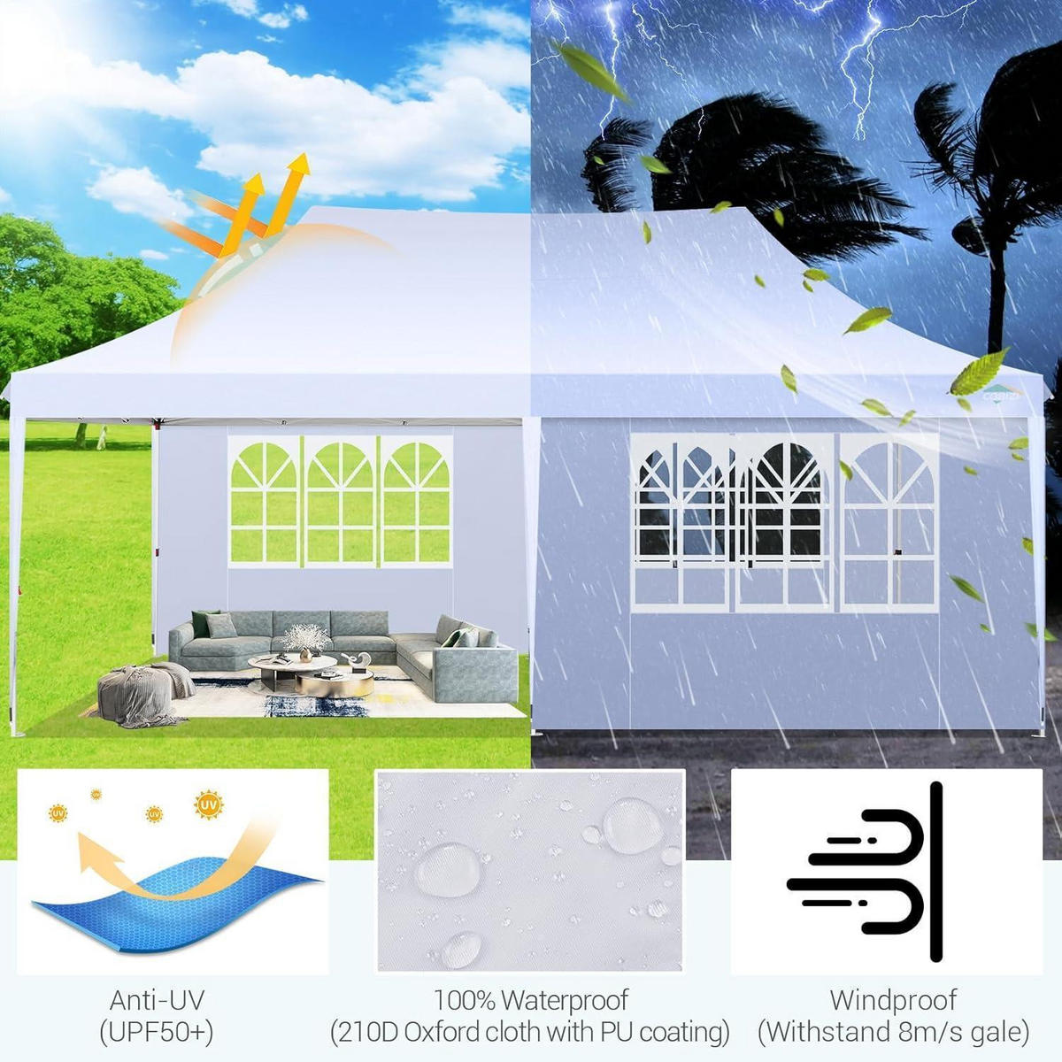 FALTPAVILLON 3x6m Weiß mit 6 Seitenteilen Wasserdicht UV-Schutz - Weiß, Textil (300/297/600cm)