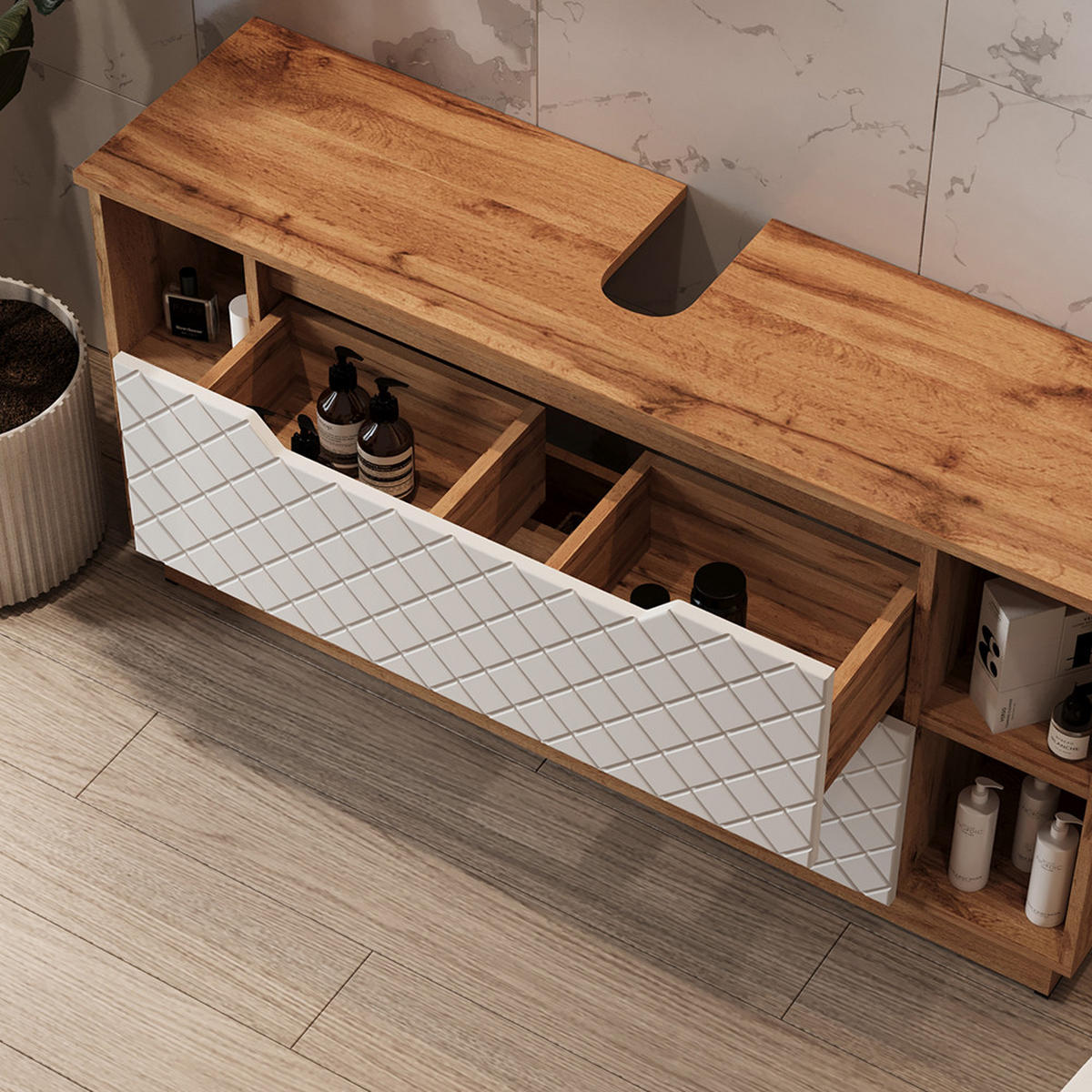 BADMÖBEL-SET Lotta Eiche/Weiß mit Kachelstruktur 4 Teile - Eichefarben/Weiß, Holzwerkstoff (119.2/62.5/35cm) - Vicco