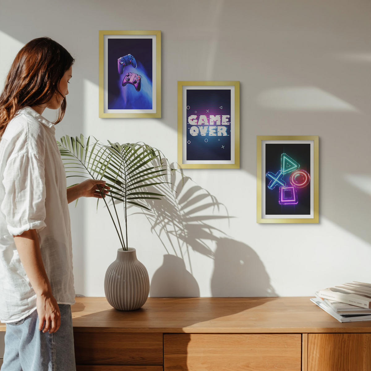 BILDER SET 3er Set - 20x30 cm Goldrahmen - Game Over Gamepads - Goldfarben, Kunststoff (20/30cm) - TULUP
