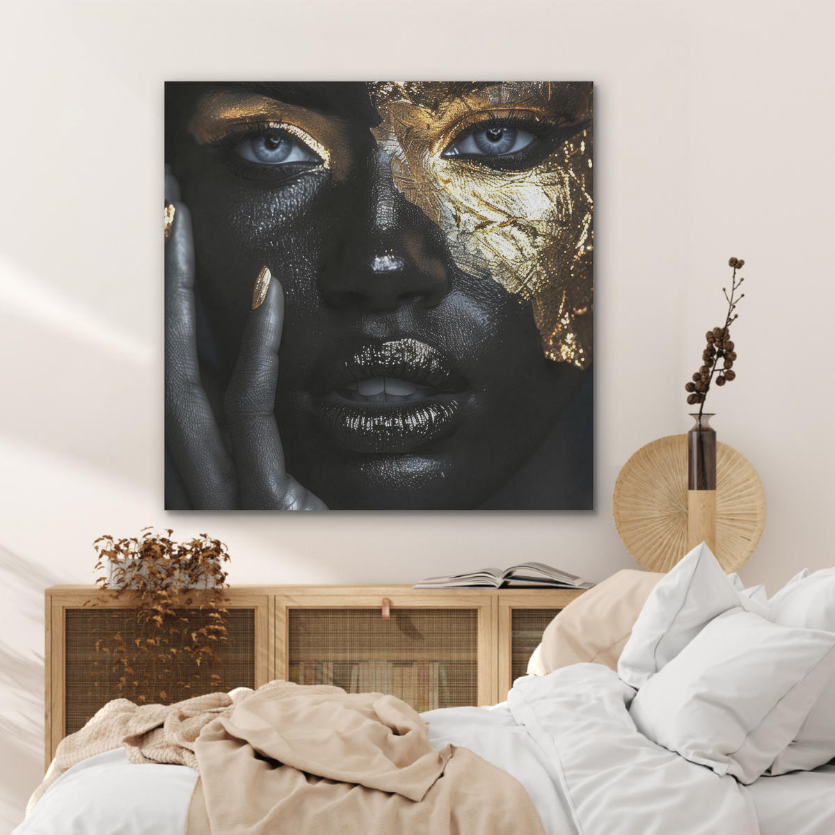 AKUSTIKPANEEL Frau - Gold - Porträt - Schwarz-Weiß - Luxus 90x90 cm - Hellblau, Textil (90/0.9/90cm) - MuchoWow