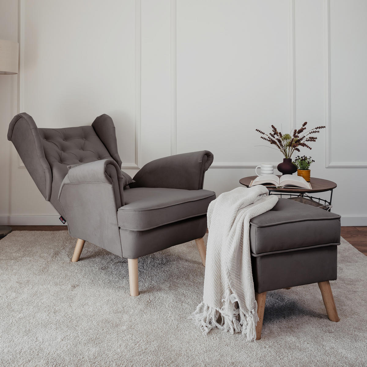 SESSEL mit Fußhocker Classic - Grau, Holz (92/107/80cm) - Idohome