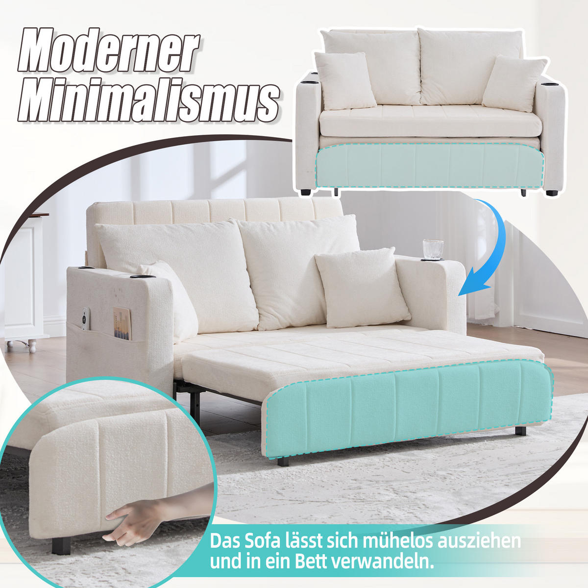 SCHLAFSOFA klappbar mit USB und Getränkehaltern, Beige - Beige, Textil (139/83/73cm)
