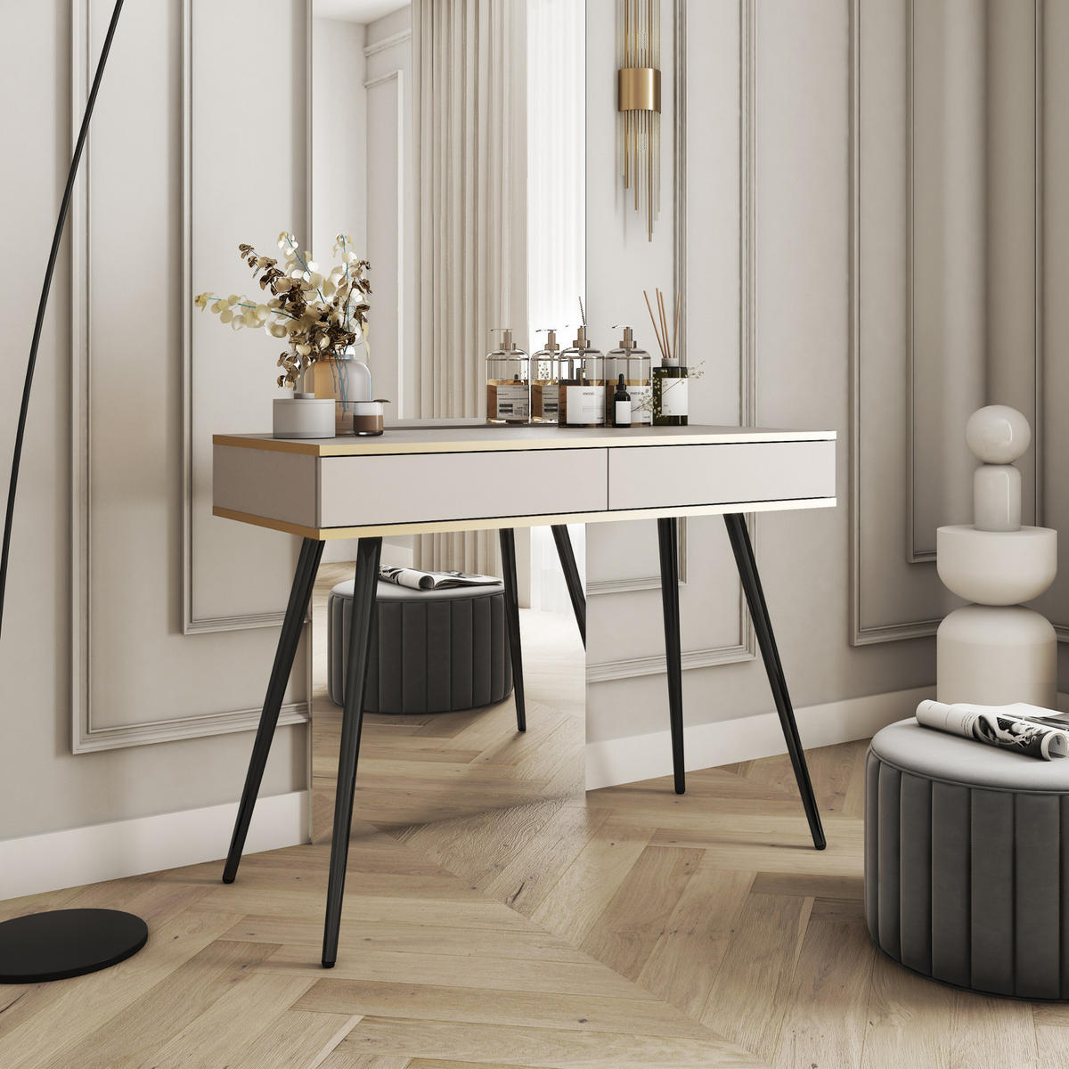 KONSOLENTISCH FORNO (Beige, Goldene Details, 2 Schubladen, schwarze Metallfüße) - Beige/Schwarz, Holz/Holzwerkstoff (50/102/80cm) - Ravio