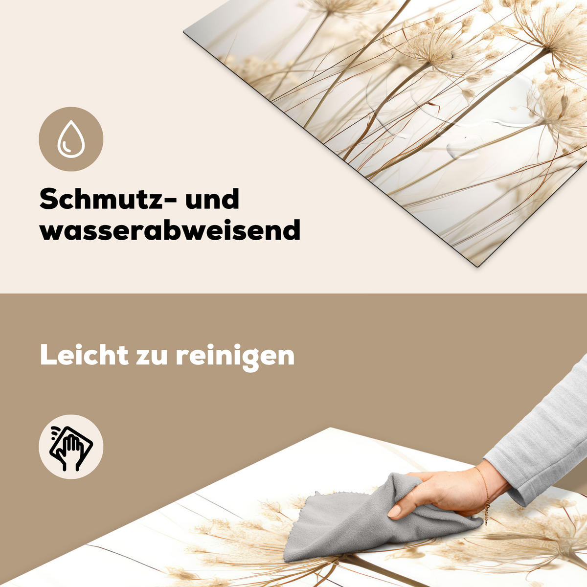 HERDABDECKPLATTE Blumen - Weiß - Sonnenlicht Induktionsmatte 77x59 cm - Ecru, Kunststoff (77/59/0.2cm) - MuchoWow