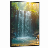 LEINWAND Bilder mit Rahmen - Wasserfall - Dschungel - Sonne - Grün - Natur - 80x120 - Grün, Textil (80/120cm) - MuchoWow