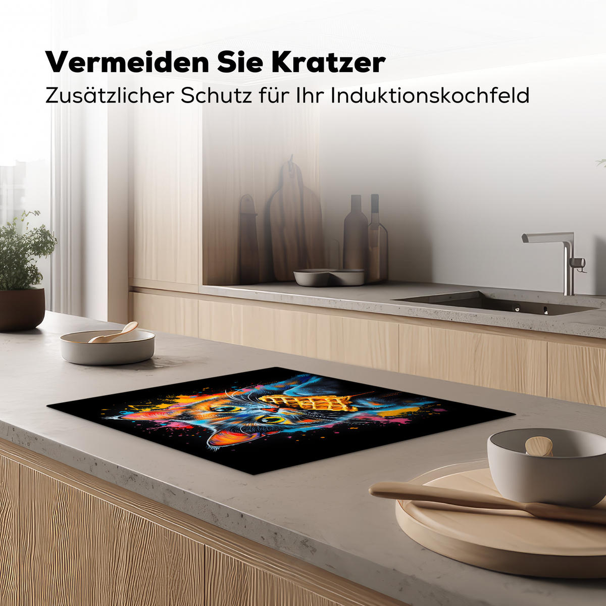 HERDABDECKPLATTE Katze - Graffiti - Bunt - Waffel - Essen Herdabdeckung Induktionsfeld 65x52 cm - Multicolor, Kunststoff (65/52/0.2cm) - MuchoWow