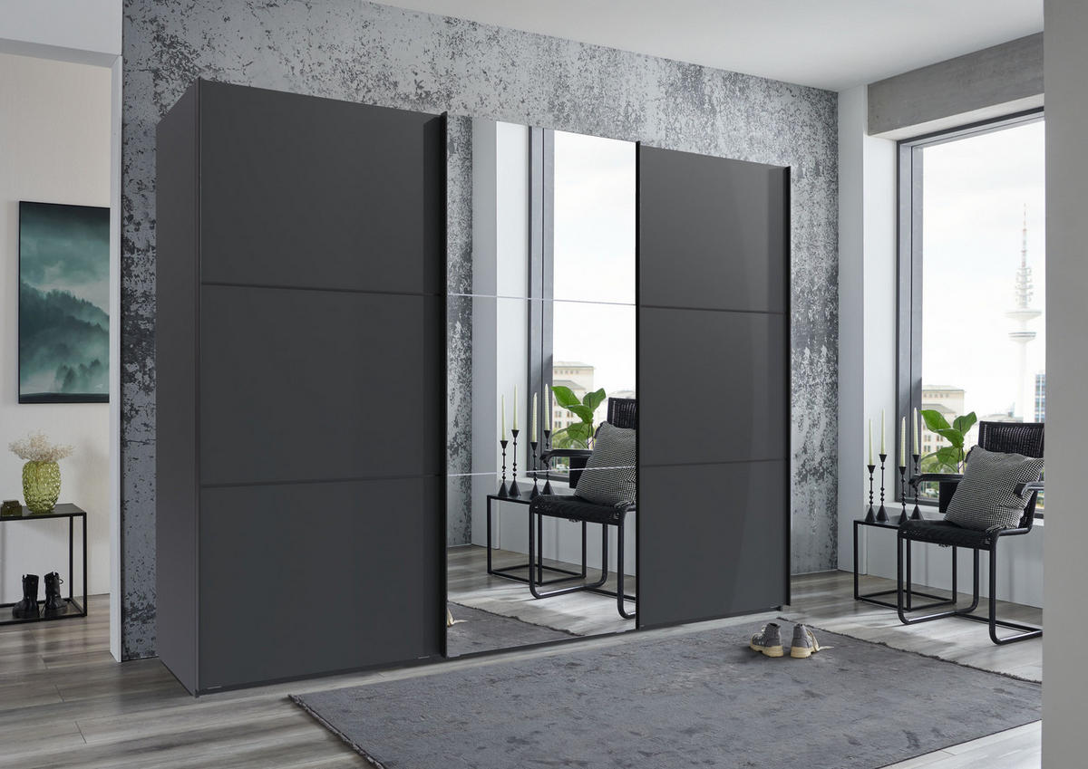 SCHWEBETÜRENSCHRANK 3-türig B300/H216/T65 cm inkl. Vollausstattung in Anthrazit mit Spiegel / 22021 - Anthrazit/Schwarz, Holzwerkstoff/Metall (300/216/65cm) - luma-home