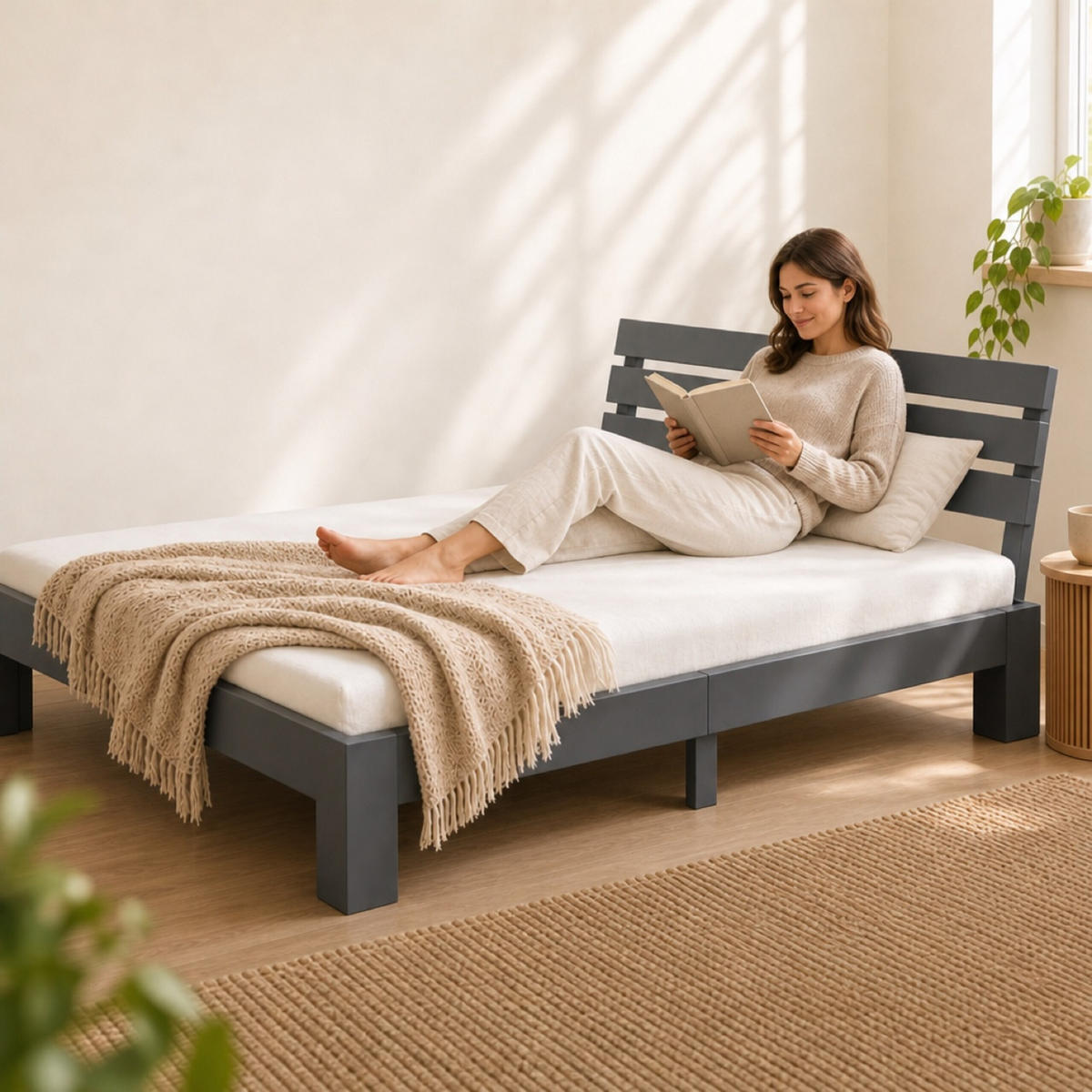 BETT Grau Massivholz mit Lattenrost 160x200 cm - Anthrazit, Holz - Relaxdays
