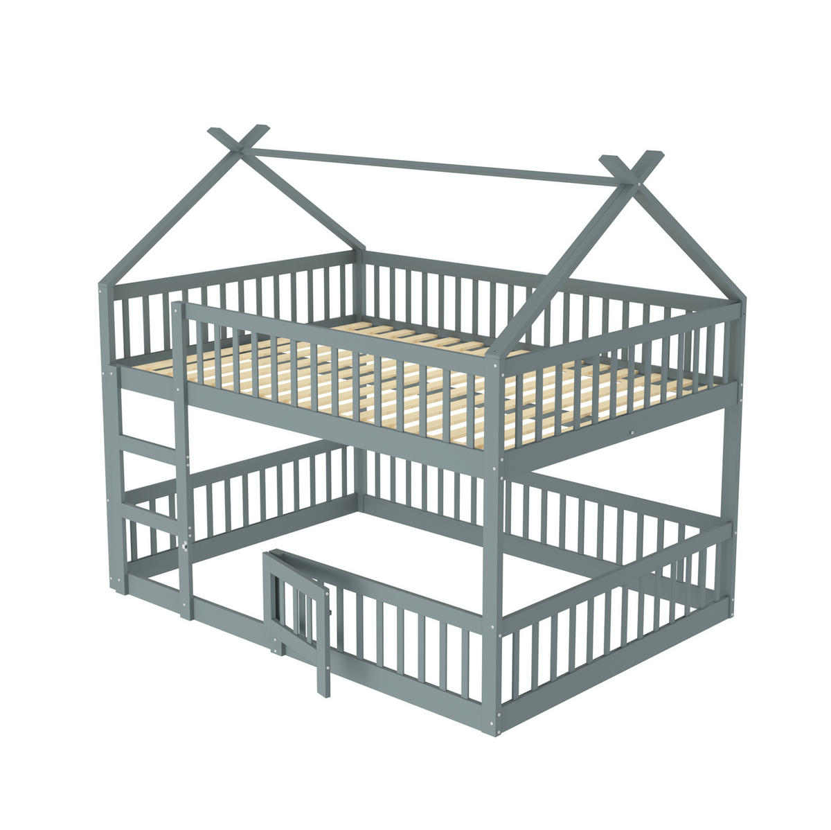 HAUSBETT 140/200 cm in Grau aus Massivholz mit Treppe und hohem Rausfallschutz - Grau, Holz (140/200cm) - Flora Grace