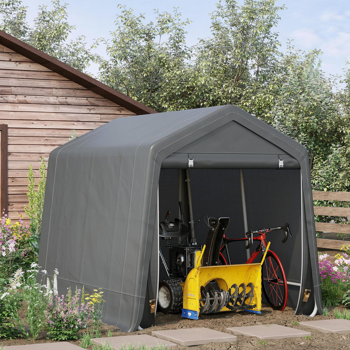 FAHRRADGARAGE DE-16849 2 Reißverschlusstüren mit Metallrahmen Dunkelgrau - Dunkelgrau, Kunststoff (240/240/280cm) - ComfortXL