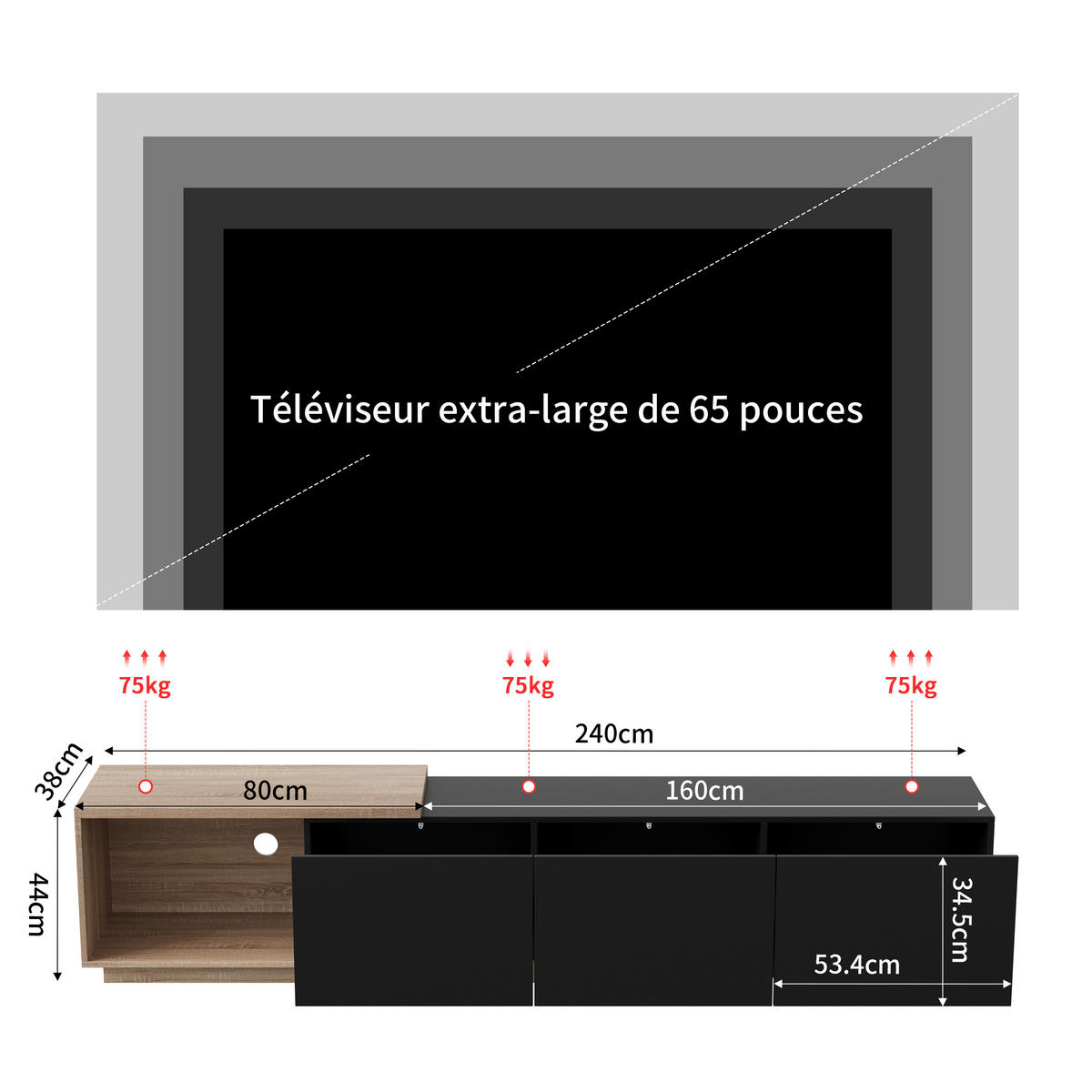 TV-SCHRANK AUSZIEHBAR SCHWARZ 180CM LED SOFT-CLOSE - Schwarz, Holzwerkstoff (38/44/240cm) - SHOPENTRA
