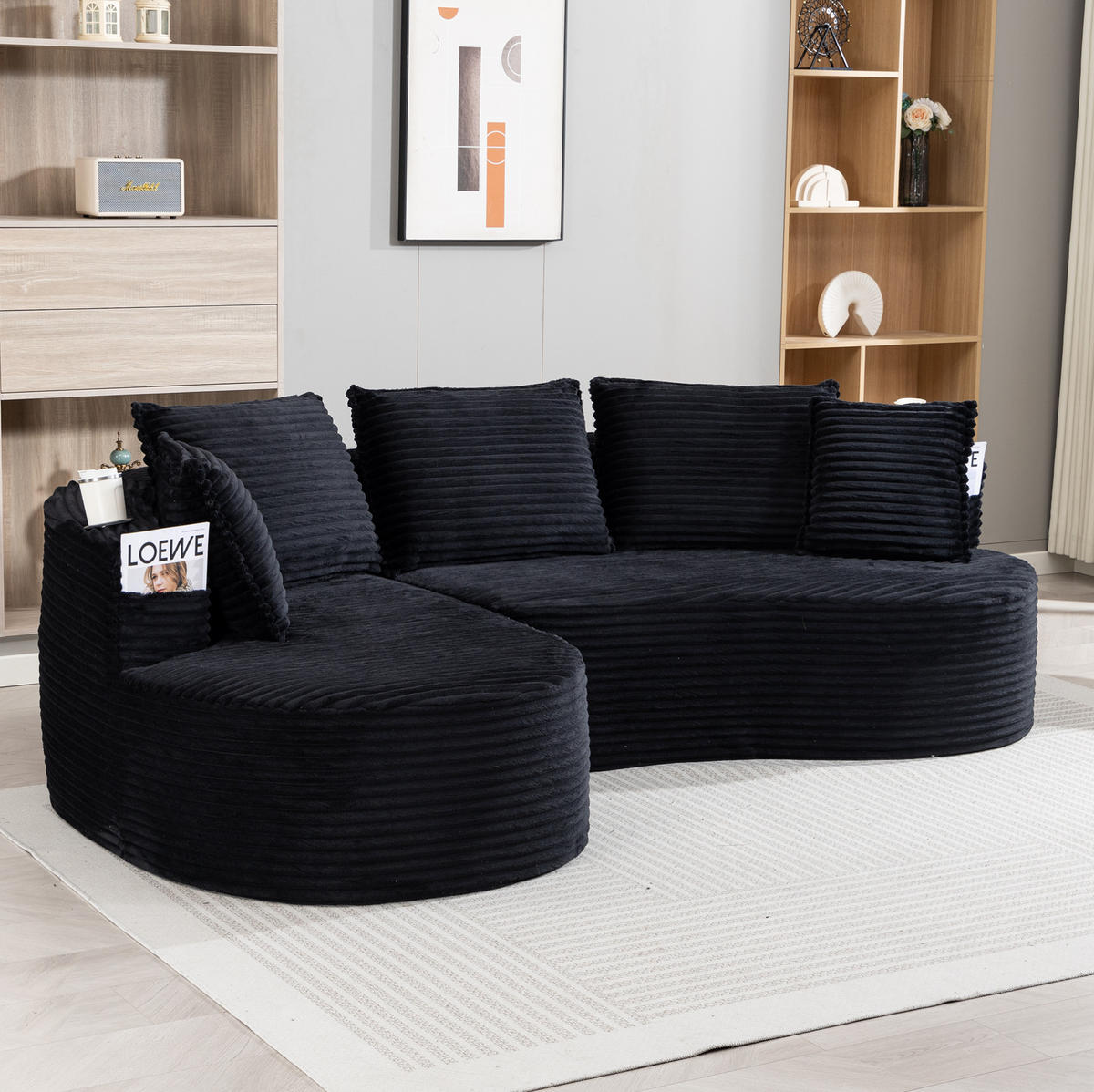 SOFA im Bogendesign 250 x 152 cm Corduroy Black - Schwarz, Textil (152/250cm) - Meubliv