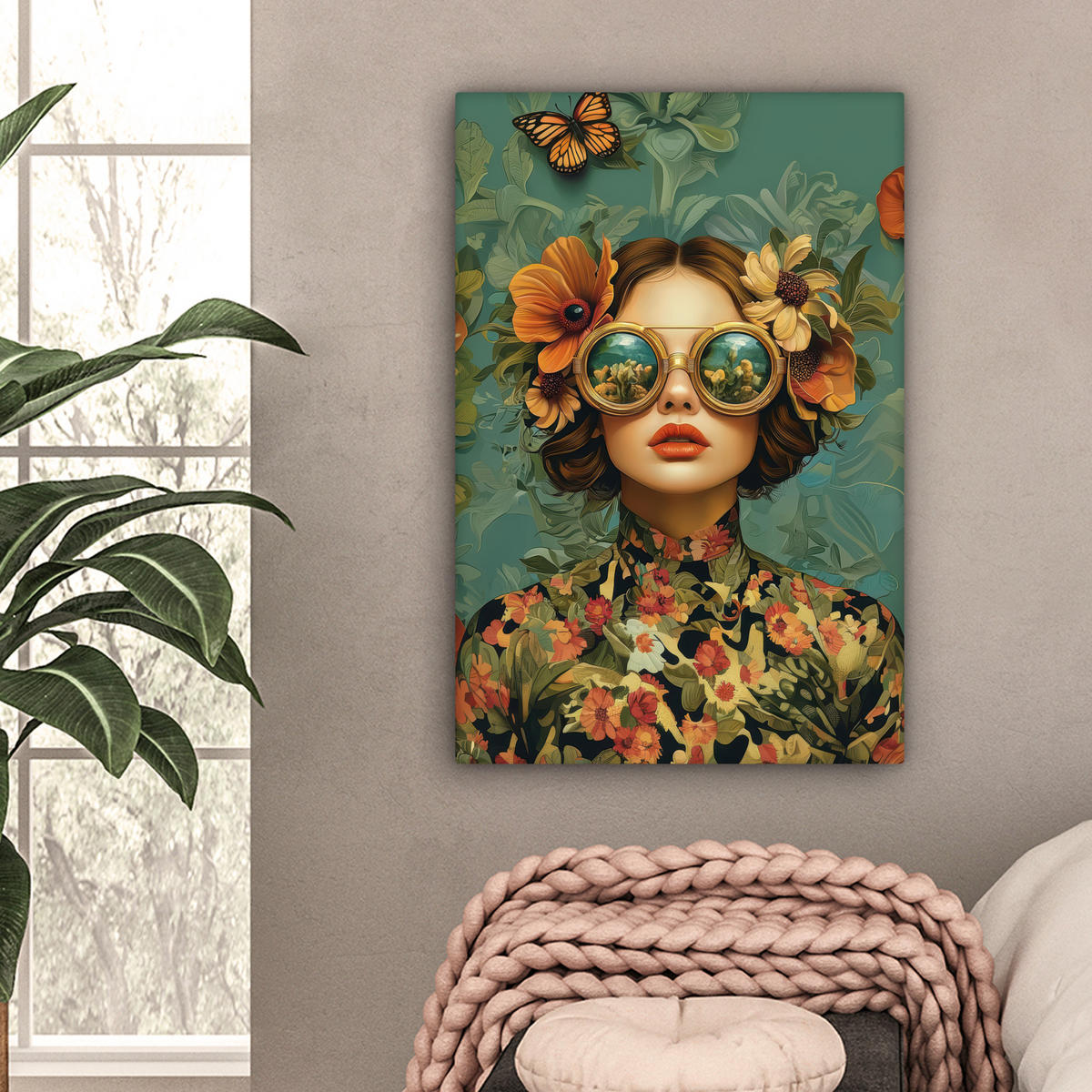 LEINWANDBILD Frau - Blumen - Schmetterlinge - Natur - Vintage Wanddeko Schlafzimmer 60x90 cm - Salbeigrün, Textil (60/90cm) - MuchoWow
