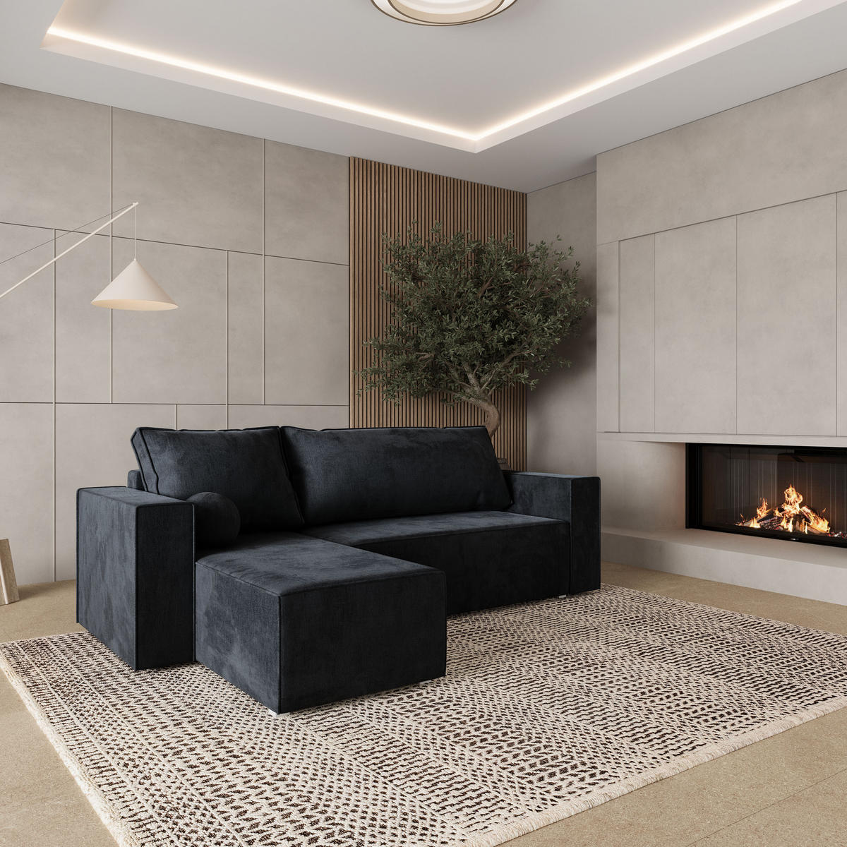 ROHOVÁ SEDAČKA RAVELO černá - šedá/černá, dřevo/textil (240/140cm) - MASSENO