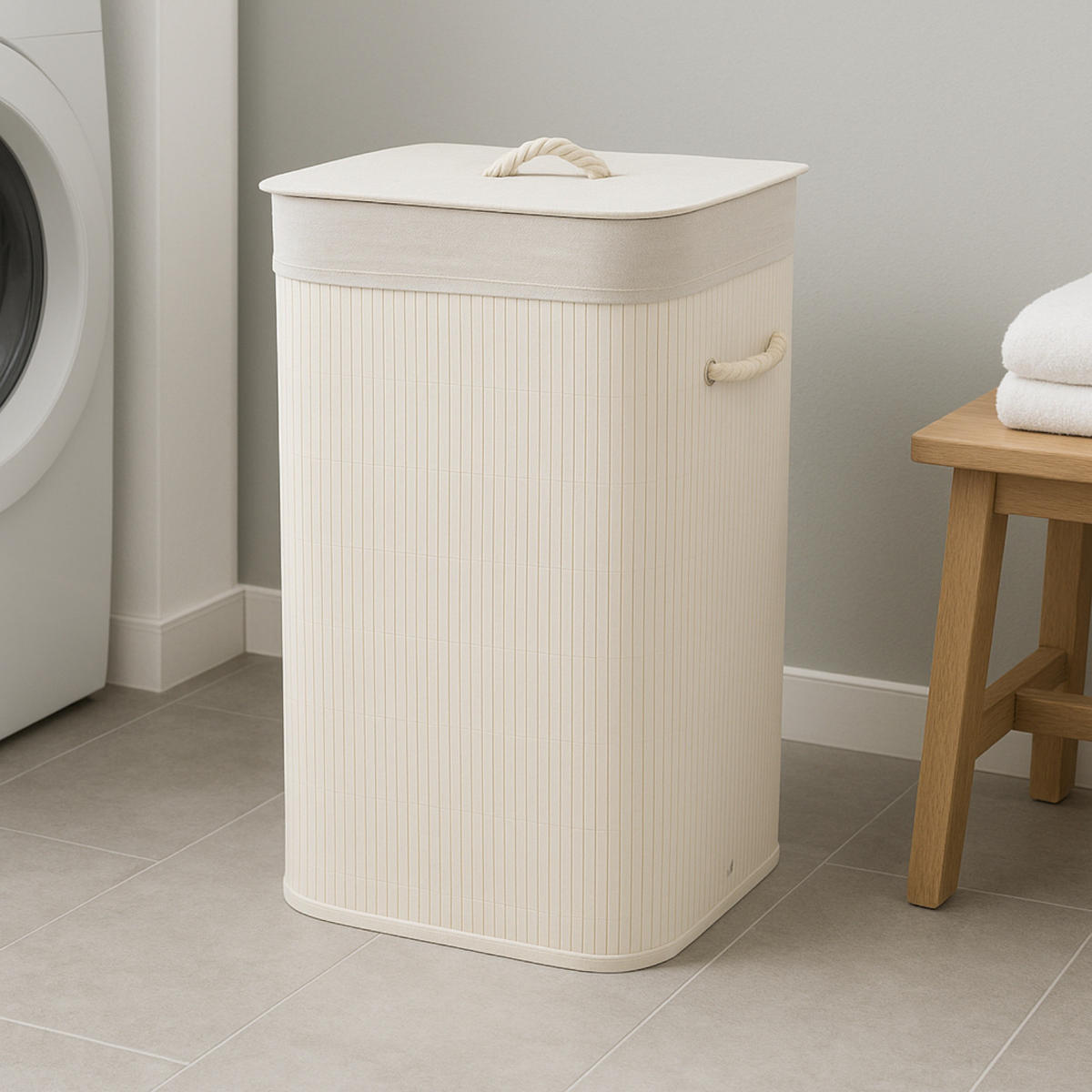 WÄSCHEKORB Bambus Weiß mit Deckel 60x40x30 cm - Weiß, Holz (40/60/30cm) - Begryf