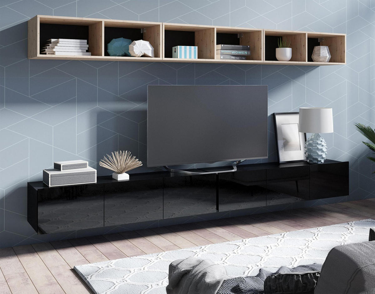 WOHNWAND Kossana 33 Modern Goldene Eiche/Schwarz 300/68/43 cm Stauraumwunder - Schwarz, Holzwerkstoff/Kunststoff (300/68/43cm) - AX Living