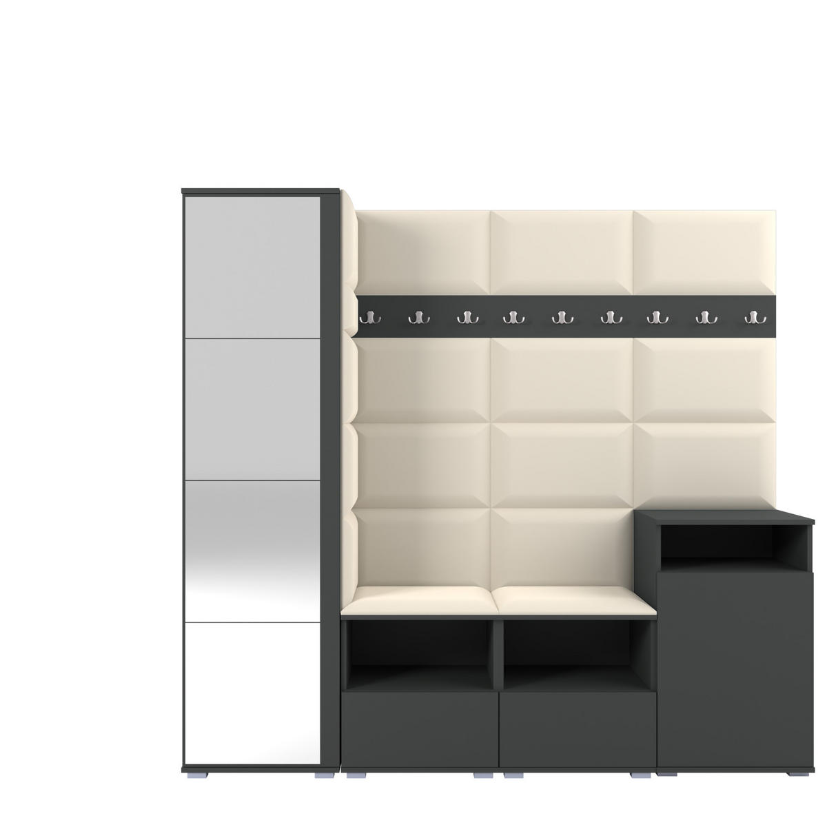 GARDEROBE NELA X 200 cm (Modulare Flurmöbel Graphit mit Spiegel & Sitzpolster Creme 01 Schrank + Sideboard) - Silberfarben/Creme, Holz/Holzwerkstoff (200/187/40cm) - Ravio