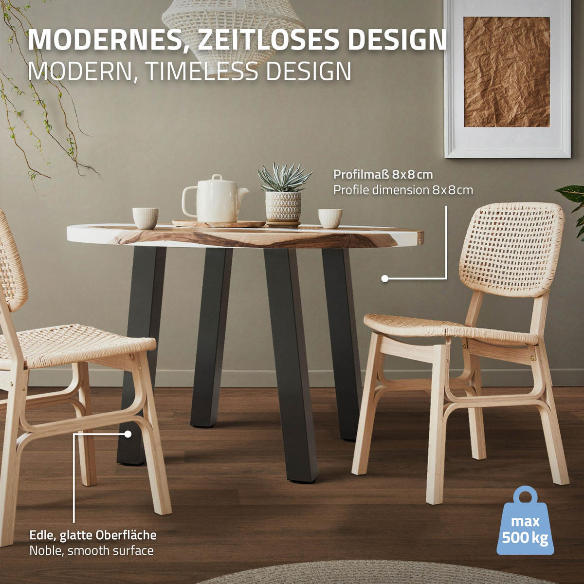 TISCHBEINE 4er Set I-96GRAD-Design H:72 cm Dunkelgrau 8x8 cm - Dunkelgrau, Metall (8/72/8cm) - ML-DESIGN