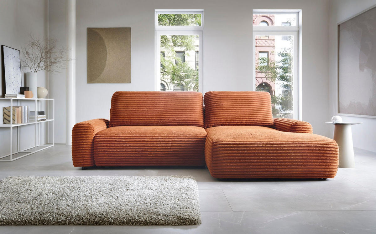 ECKSOFA OSSO Orange Velours-Stoff mit Schlaffunktion - Orange, Holz (264/162cm) - MASSENO