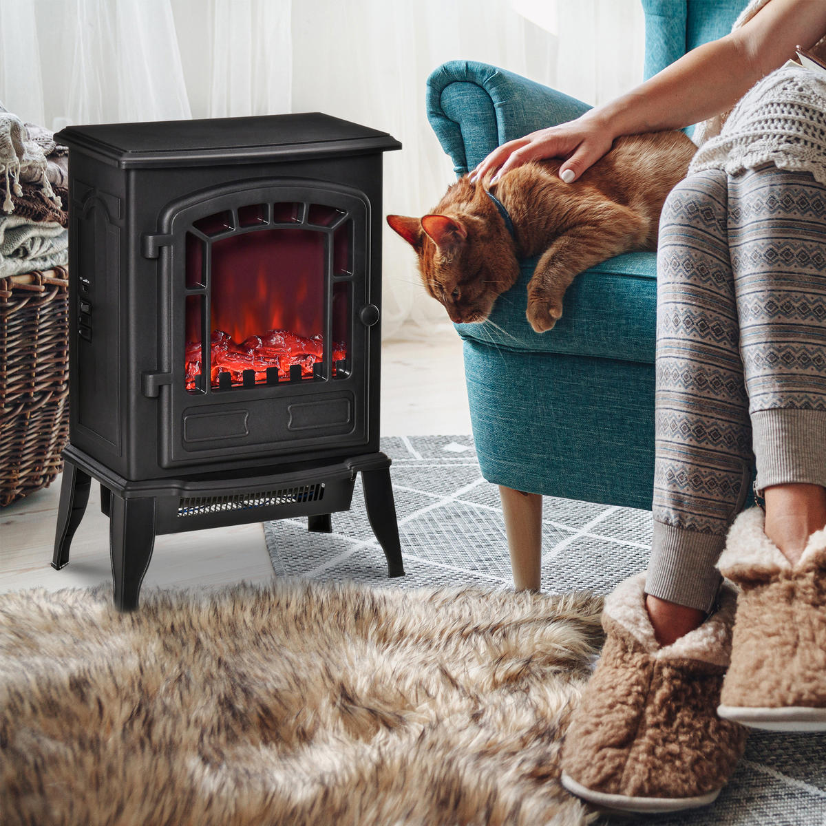 ELEKTROKAMIN Elektrischer Kamin mit Heizung, LED-Flammeneffekt, Schwarz - Schwarz, Kunststoff (24/56.5/39cm) - HOMCOM