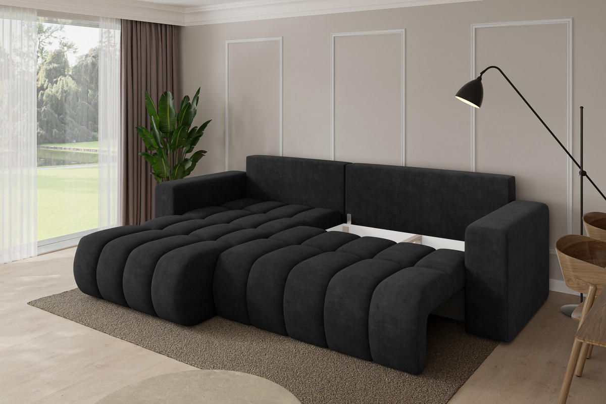 ROHOVÁ SEDAČKA s funkcí spaní, otoman vlevo MILA-L-v1 277x195x86 černá velur - černá, kompozitní dřevo/textil (277/194cm) - ALTDECOR