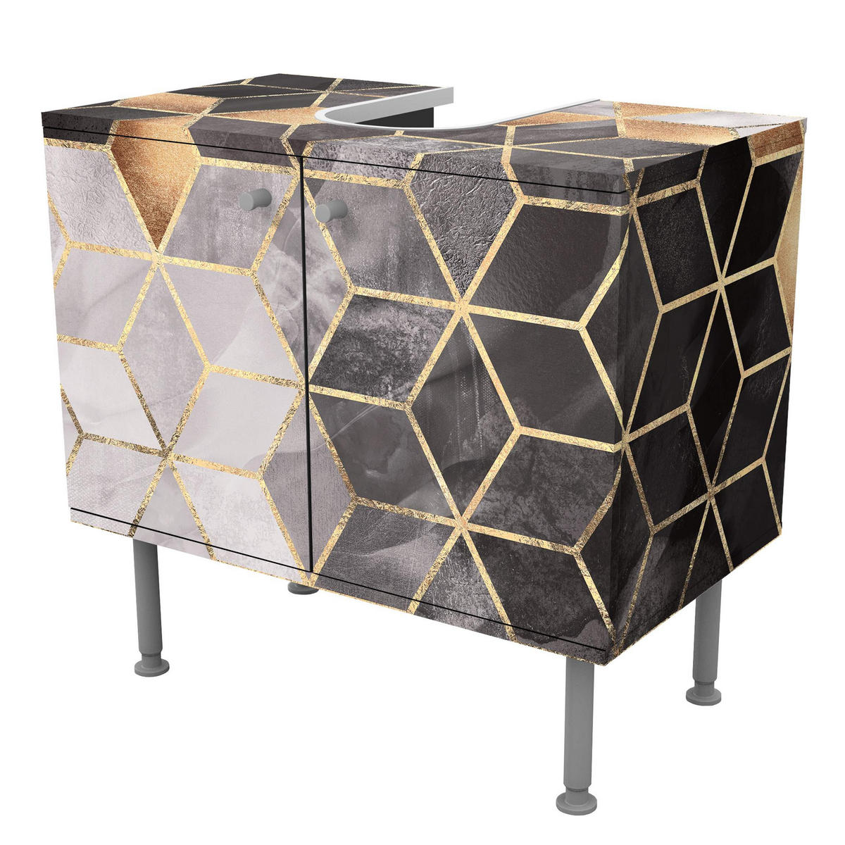 WASCHBECKENUNTERSCHRANK Schwarz Weiß goldene Geometrie 60/55/35 cm - Schwarz, Holzwerkstoff (60/55/35cm) - Bilderwelten
