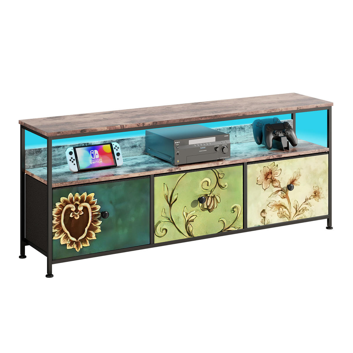 TV-SCHRANK 137 cm mit LED, 3 Stoffschubladen & Offene Fächer - Multicolor, Holz (30/57/137cm)