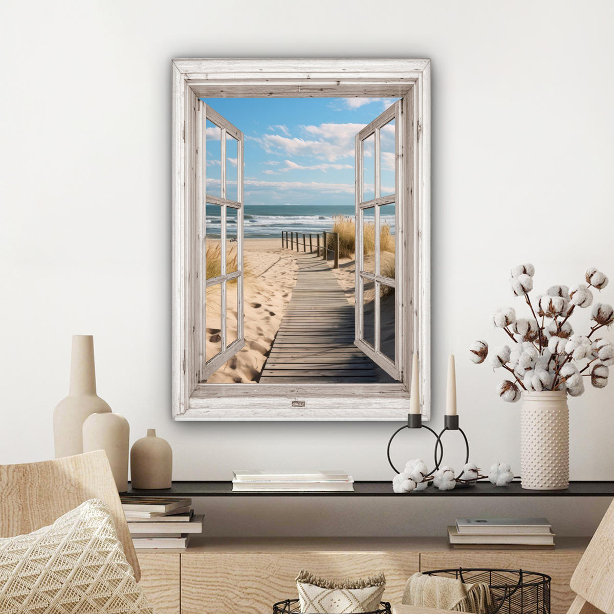 LEINWANDBILD Fenster - Meer - Küste - Natur - Ausblick - Strand - Wattenmeer 60x80 cm - Beige, Textil (60/80cm) - MuchoWow