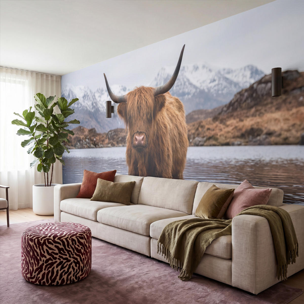 TAPETE - Schottischer Hochländer - Braun - Wasser - 400x200 cm - Braun, Papier (400/200cm) - OnlyWow