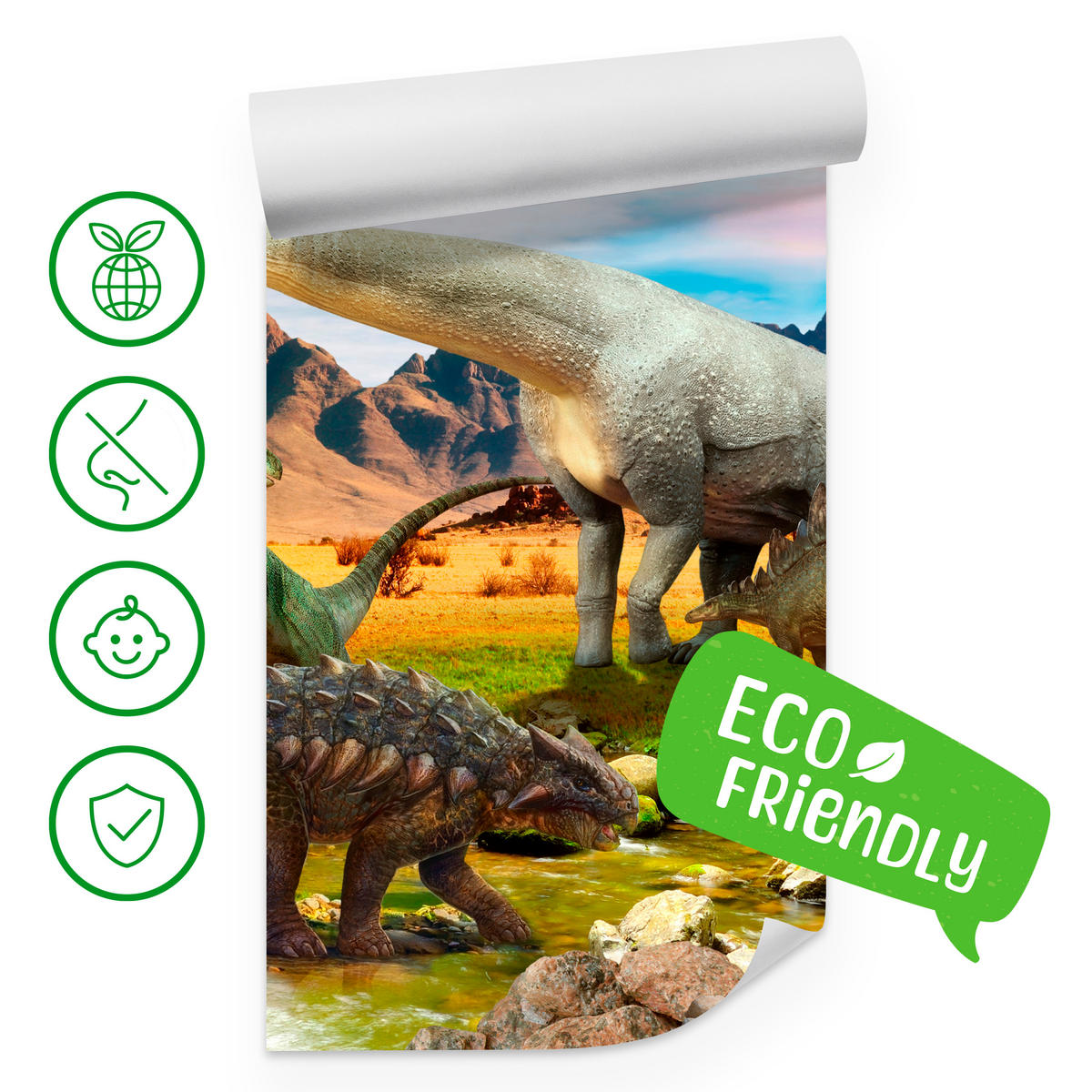 FOTOTAPETE für Kinderzimmer Dinosaurier Berge aus Felsen Bäume 350x256 - Multicolor, Papier (350/256cm) - Muralo