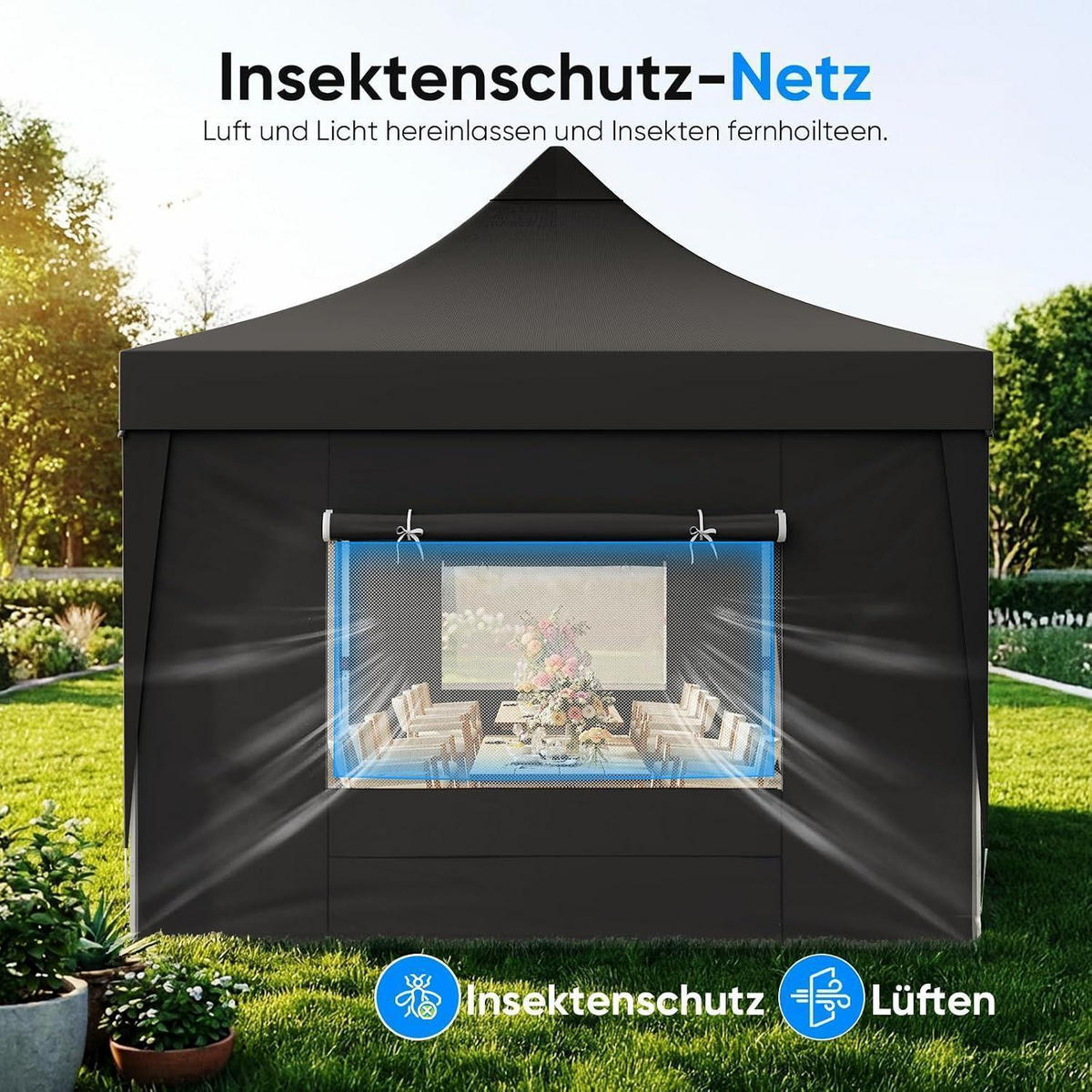 FALTPAVILLON 3x6m wasserdicht mit Seitenwänden UV-Schutz 50+ Stahlrahmen Schwarz - Schwarz, Textil (585/310/293cm)