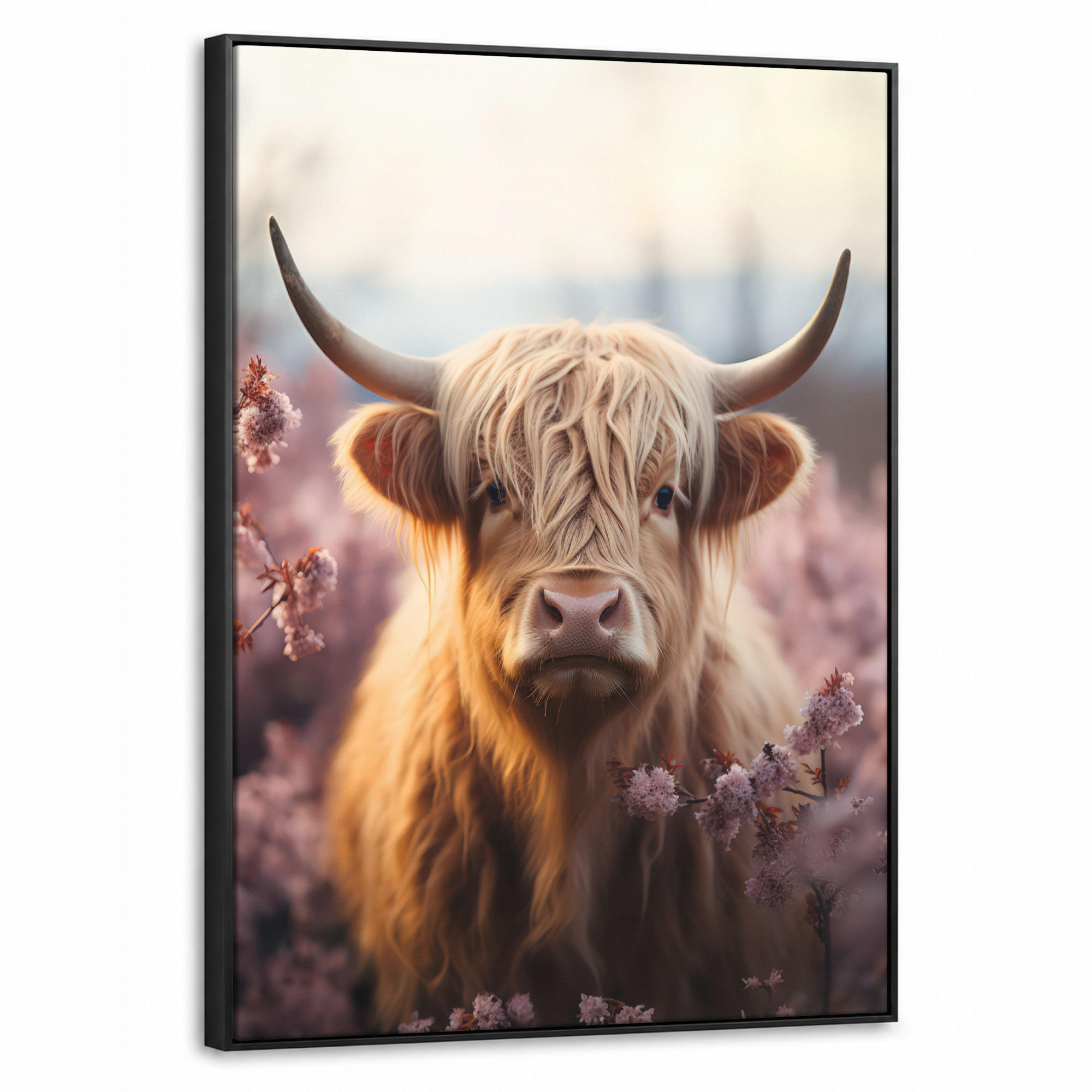 LEINWAND Bilder mit Rahmen - Schottischer Hochländer - Frühling - Hochland - 50x70 - Hellrosa, Textil (50/70cm) - MuchoWow