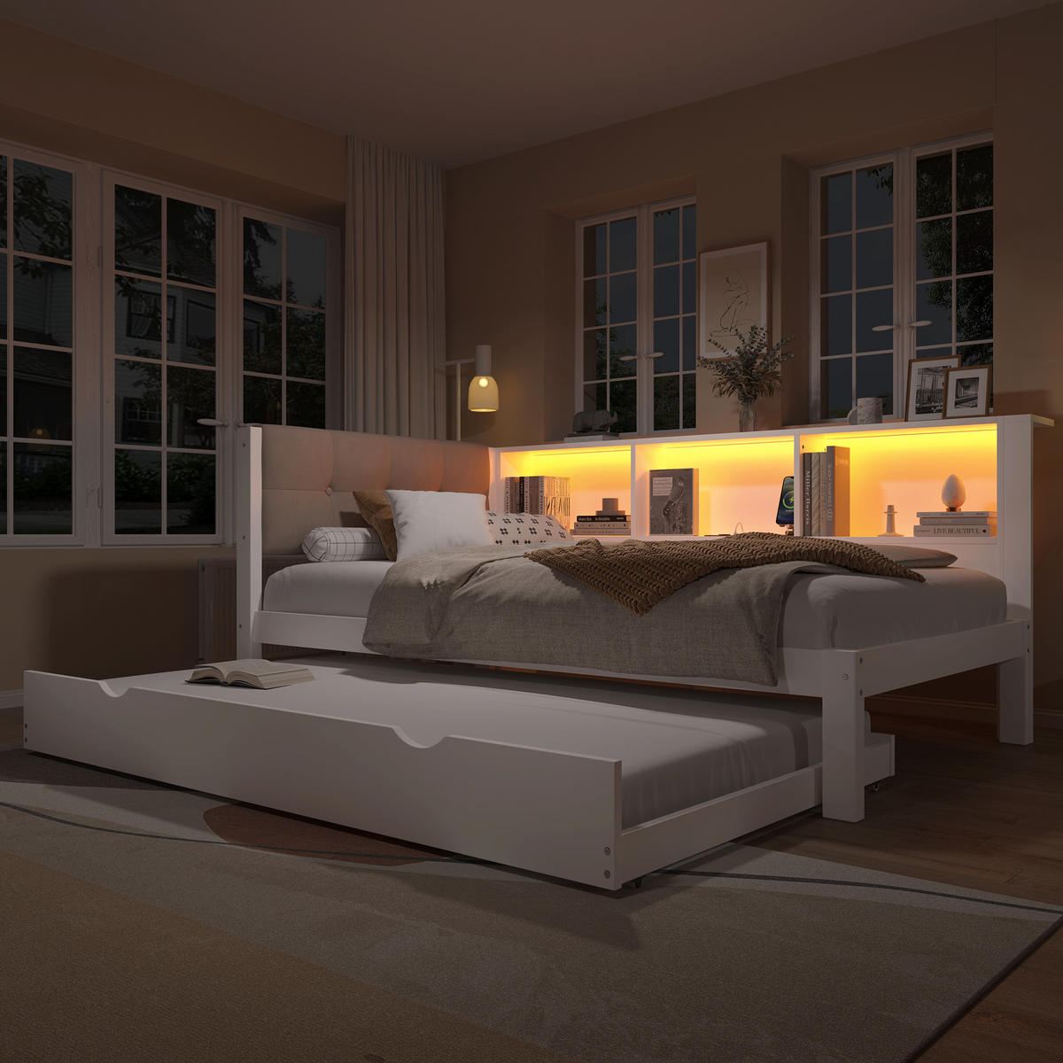 JUGENDBETT 90/200 mit Ausziehbett, LED-Leiste, USB-Anschluss und Regal aus Kiefernholz in Weiß - Beige/Weiß, Holzwerkstoff/Textil (90/200cm) - EVRYAE