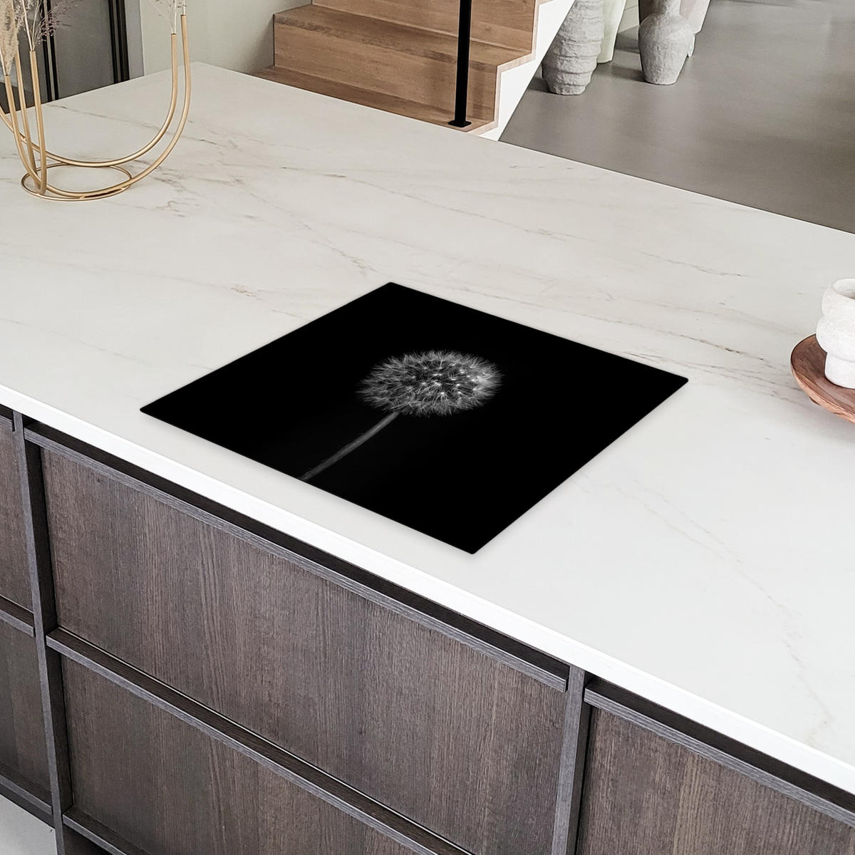 HERDABDECKPLATTE Löwenzahn - Schwarz - Floral - Botanisch 58x51 cm - Grau, Kunststoff (58.3/51.3/0.2cm) - MuchoWow