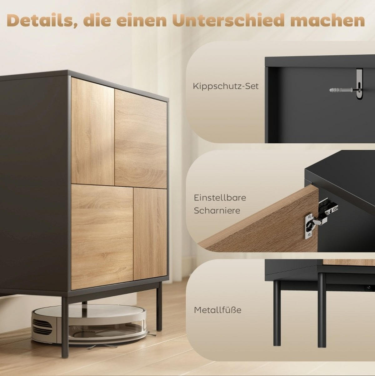 SIDEBOARD aus MDF und Metall 60x35x78 cmSchwarz mit Push-to-open-Funktion und 4 geschlossenen Fächern - Schwarz, Holzwerkstoff (60/78/35cm) - Modfu