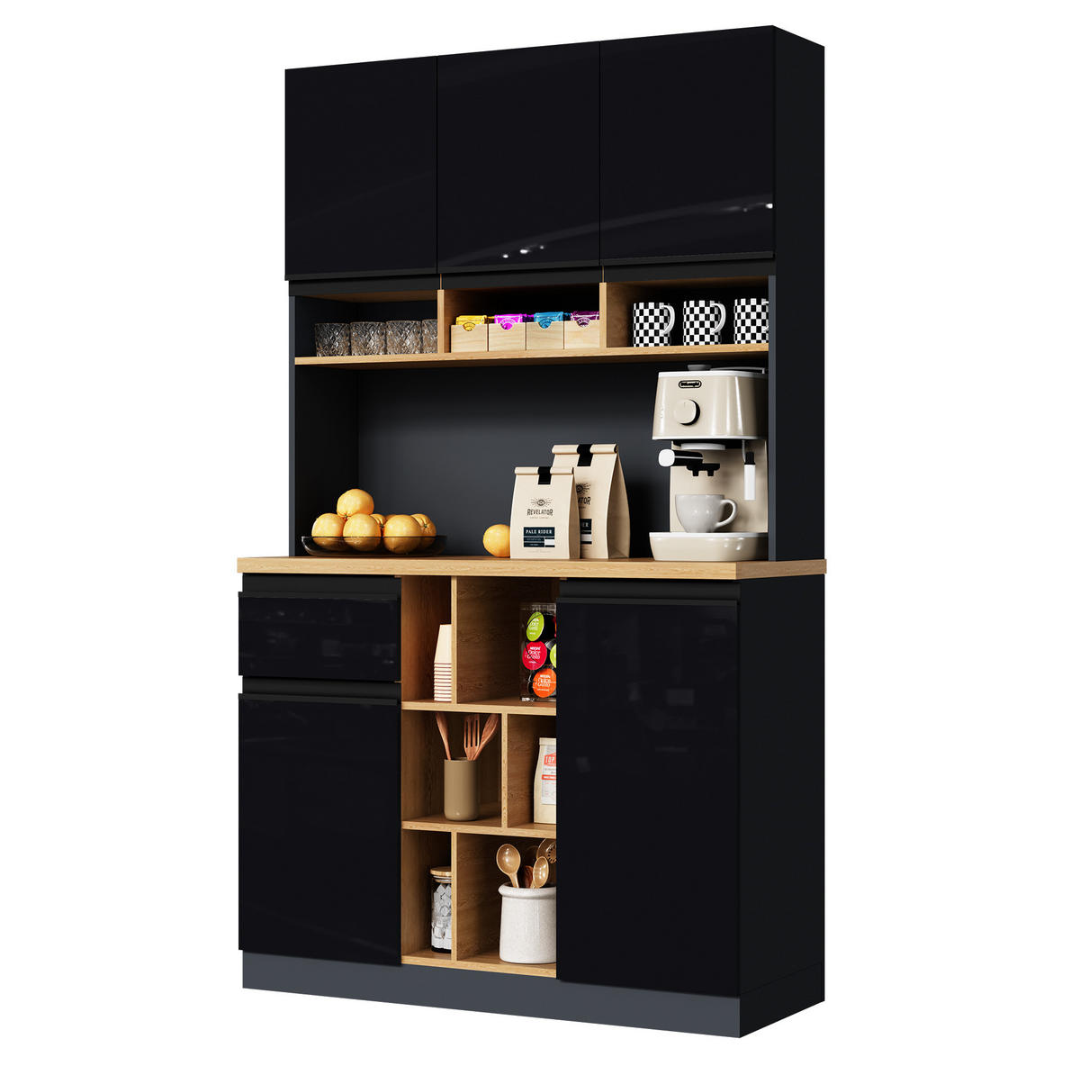 BUFFET 105/45/185 cm aus MDF mit Hochglanzfronten und offenem Stauraum Schwarz/Naturfarben - Schwarz, Holzwerkstoff (105/185/45cm) - Modenvie