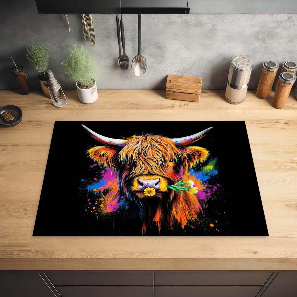 HERDABDECKPLATTE Schottischer Highlander - Graffiti - Bunt - Blume - Tiere Herdabdeckung Induktionsfeld 75x52 cm - Multicolor, Kunststoff (75/52/0.2cm) - MuchoWow