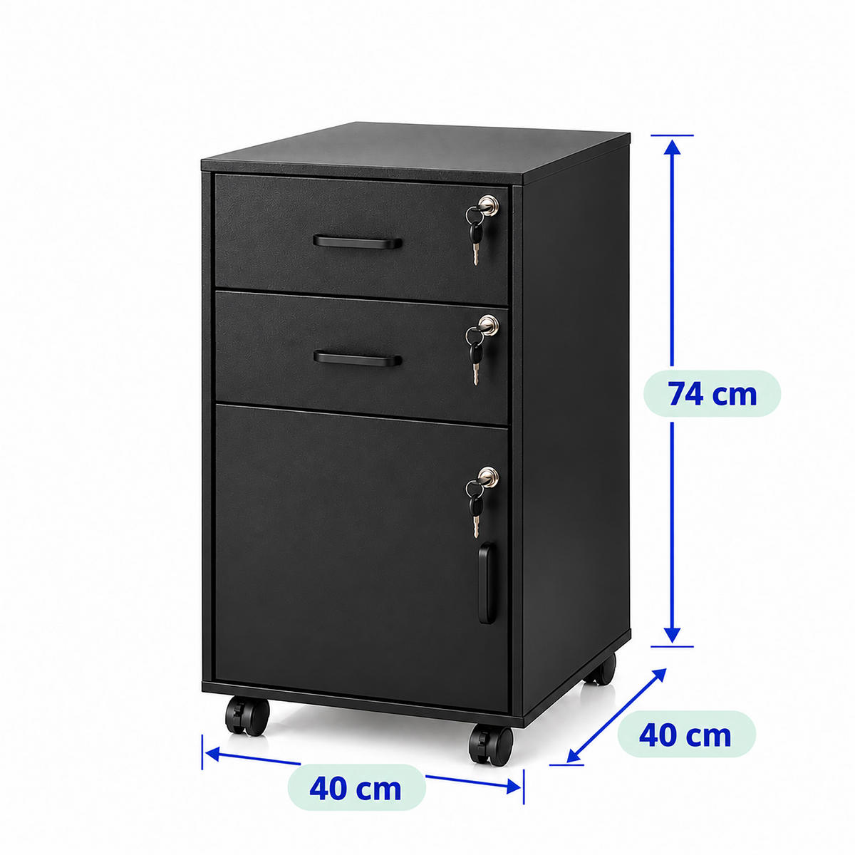 ROLLCONTAINER Schwarz abschließbar 2 Schubladen 74x40x40 cm - Schwarz, Holzwerkstoff/Metall (40/74/40cm) - Relaxdays