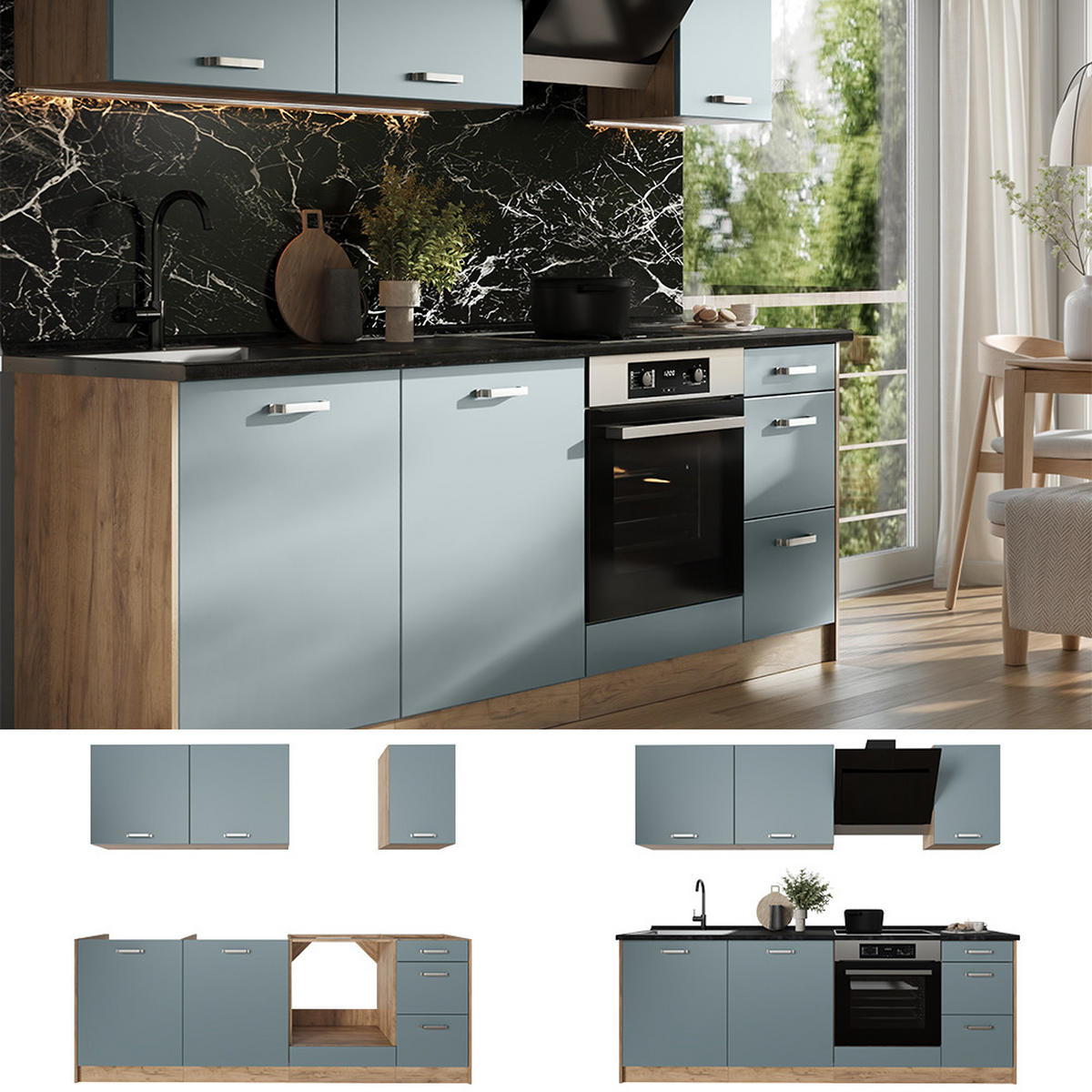 KÜCHENZEILE R-Line, Blau-Grau/Goldkraft Eiche, 220 cm Arbeitsplatte Marmor - Honigeiche/Blaugrau, Holzwerkstoff (220/81.6/60cm) - Vicco