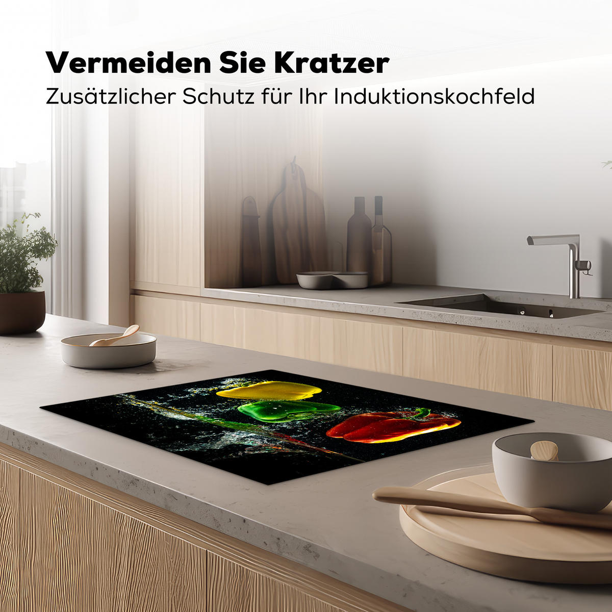 HERDABDECKPLATTE Paprika - Gemüse - Wasser - Schwarz - Rot - Grün - Gelb Herdabdeckung Induktionsfeld 70x52 cm - Multicolor, Kunststoff (70/52/0.2cm) - MuchoWow