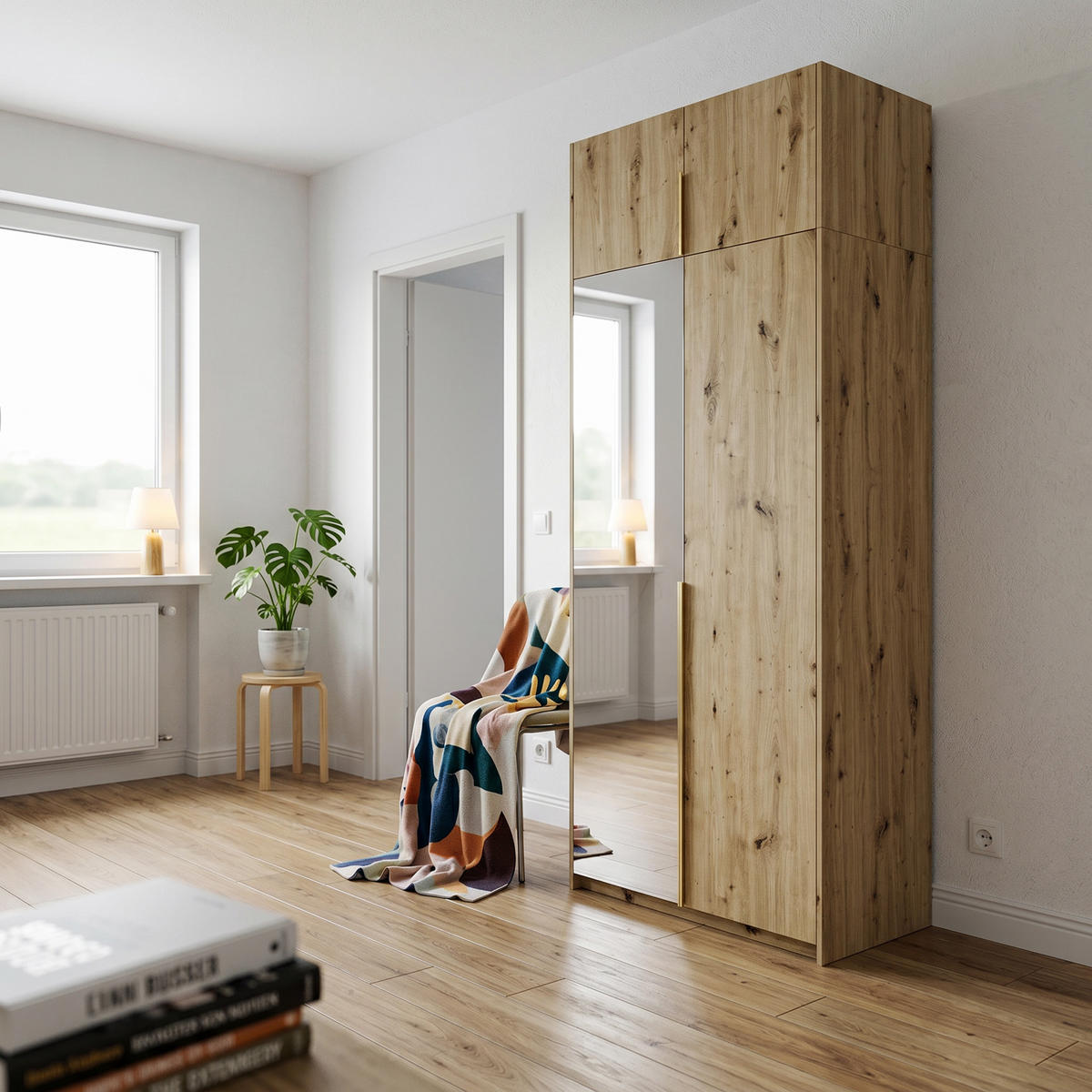 DREHTÜRENSCHRANK THALIA 100/250/58cm 2-türig mit Spiegel Eiche Artisan - Eiche Artisan, Holzwerkstoff (100/250/58cm) - MASSENO