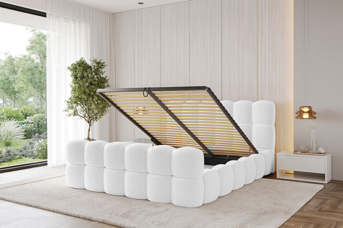 POLSTERBETT mit Bettkasten, Fußteil und Lattenrost, Bett mit Matratze H3/H4 - LEYA-Z 120x200 Weiß - Weiß, Holzwerkstoff/Textil (120/200cm) - ALTDECOR