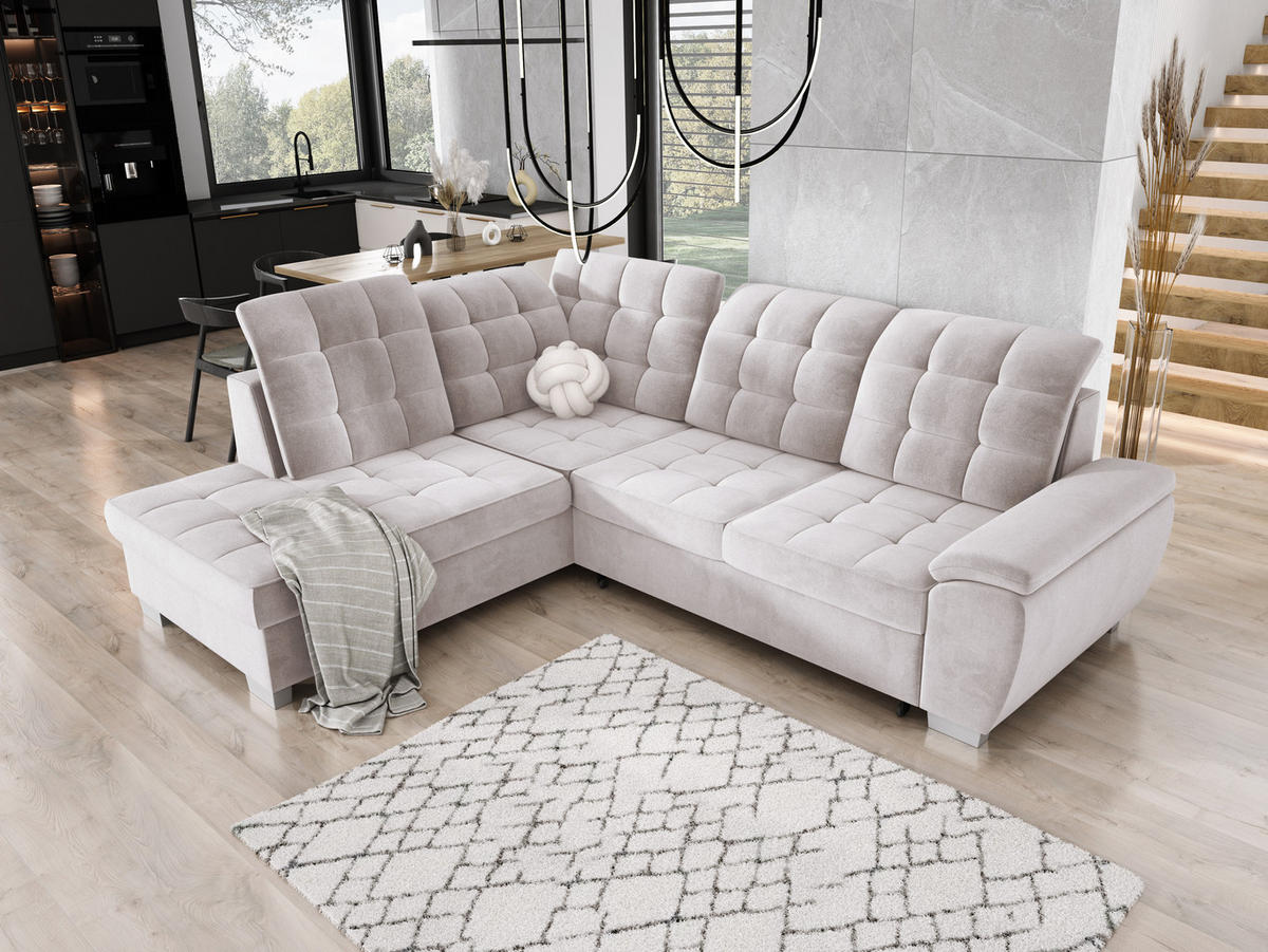 ECKSOFA LOTTA SALVADOR Bettkasten verstellbare Kopfstützen hochwertige Verarbeitung lose Rückenkissen freistehend LINKS 212x258x106 cm Silver - Silberfarben, Holz/Textil (212/258cm) - DomoHome