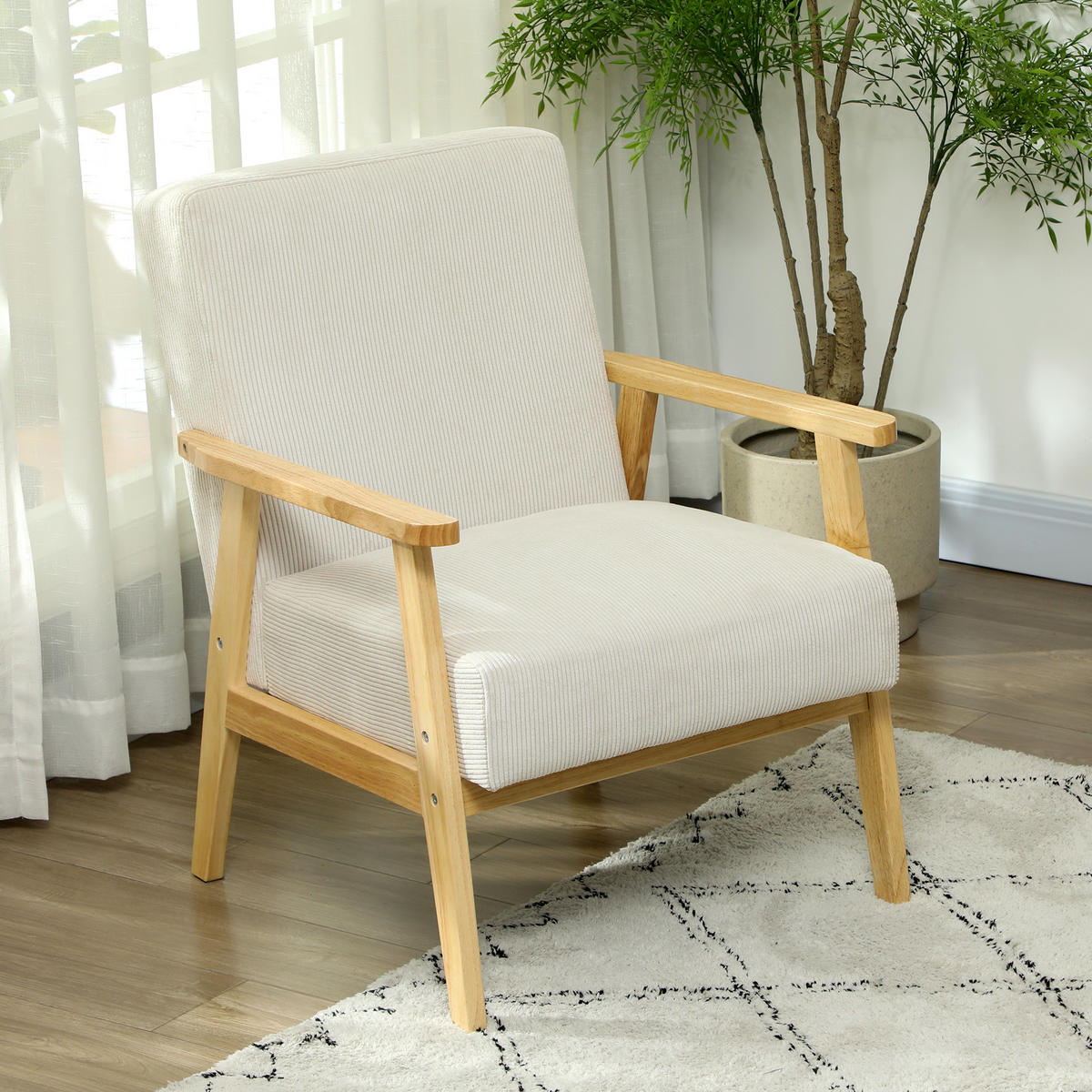 SESSEL Loungesessel mit Armlehne, Holzbeine für Wohnzimmer Cremeweiß - Weiß, Kunststoff (67/77/59cm) - HOMCOM