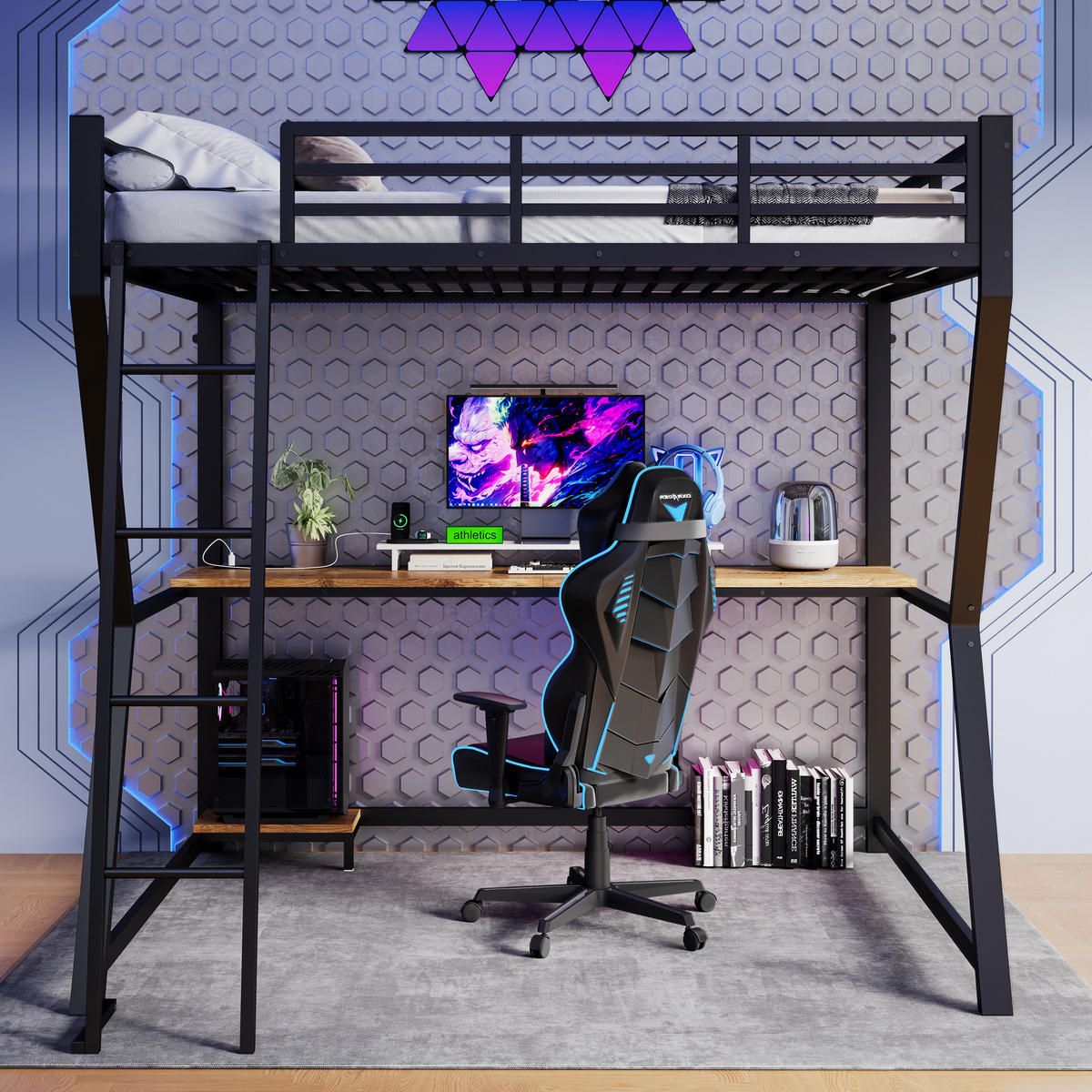 HOCHBETT 140/200 cm aus Metall mit LED und Schreibtisch, Schwarz - Schwarz, Metall (140/200cm) - OKMYHOME