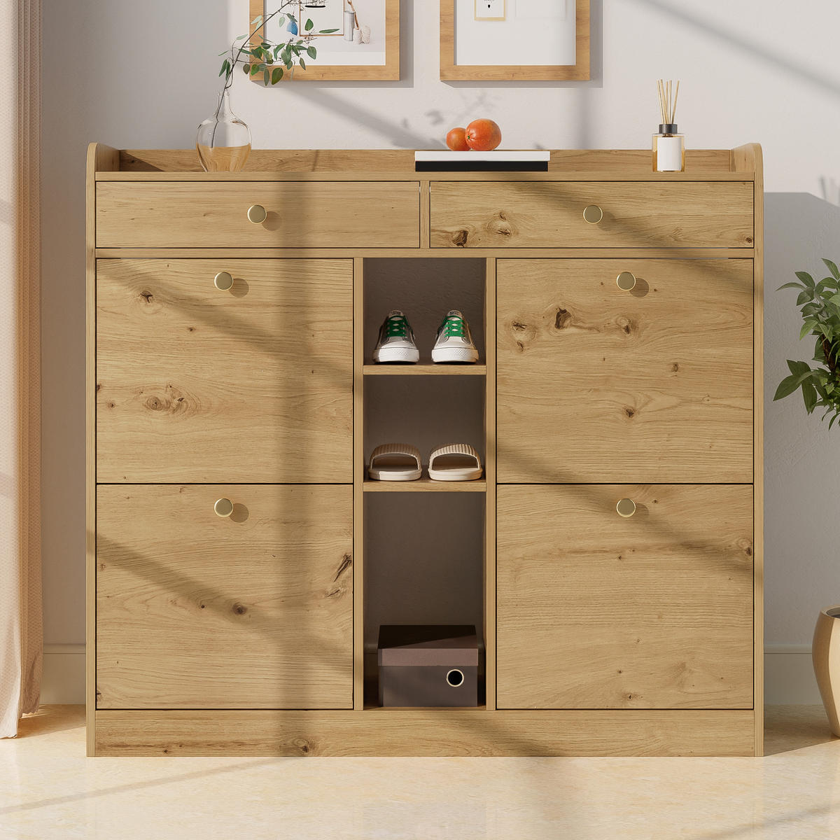 SCHUHSCHRANK aus Spanplatte 110x26x100cm in Natur mit 4 Klapptüren - Naturfarben, Holzwerkstoff (110/100/26cm) - Modfu