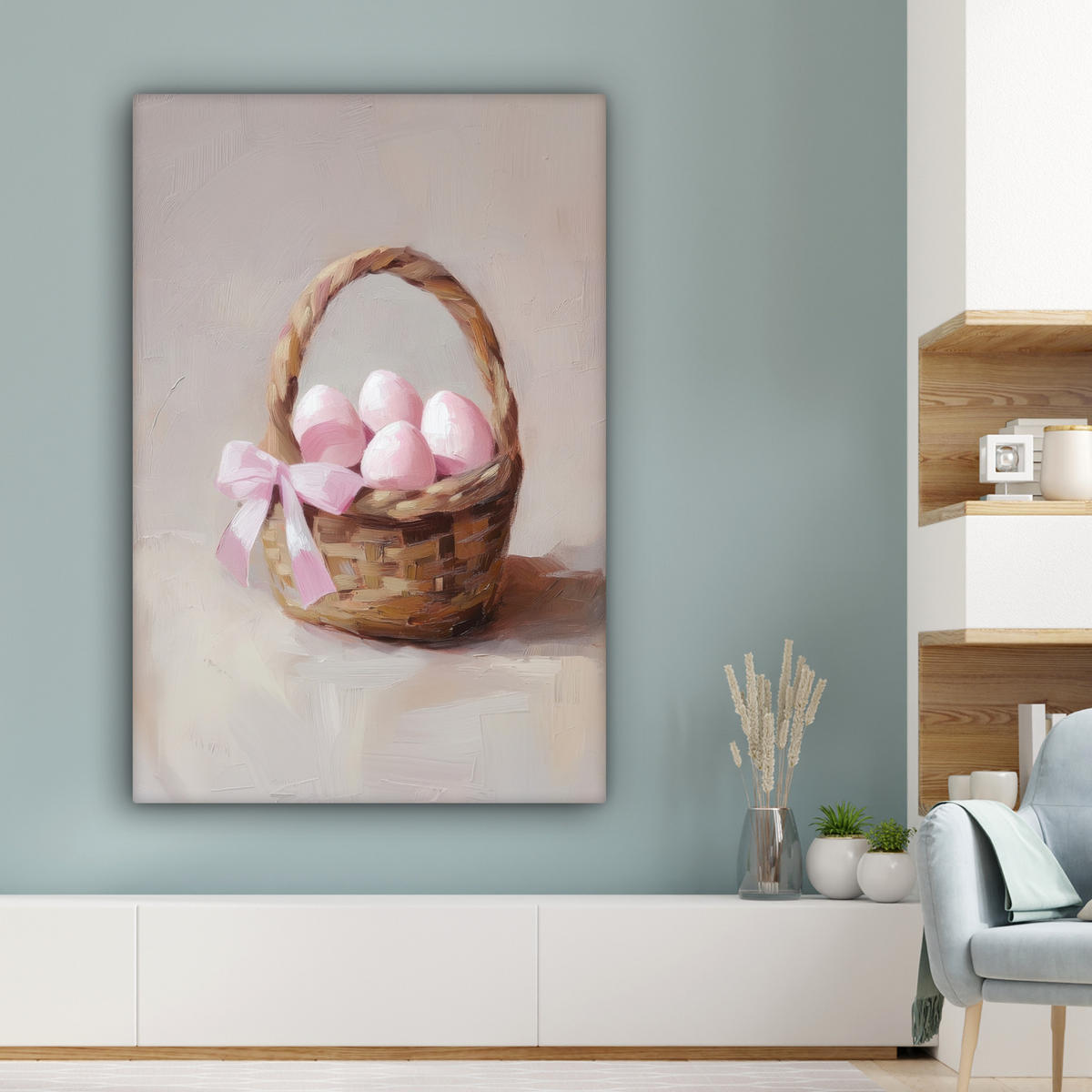 LEINWANDBILD Korb - Eier - Rosa Deko Groß 90x140 cm - Beige, Textil (90/140cm) - MuchoWow