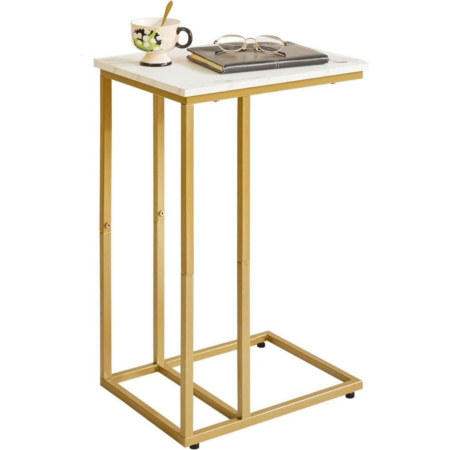 BEISTELLTISCH C-Form Weißer Marmoroptik mit goldenem Metallrahmen - Goldfarben, Stein (40/30/63cm)