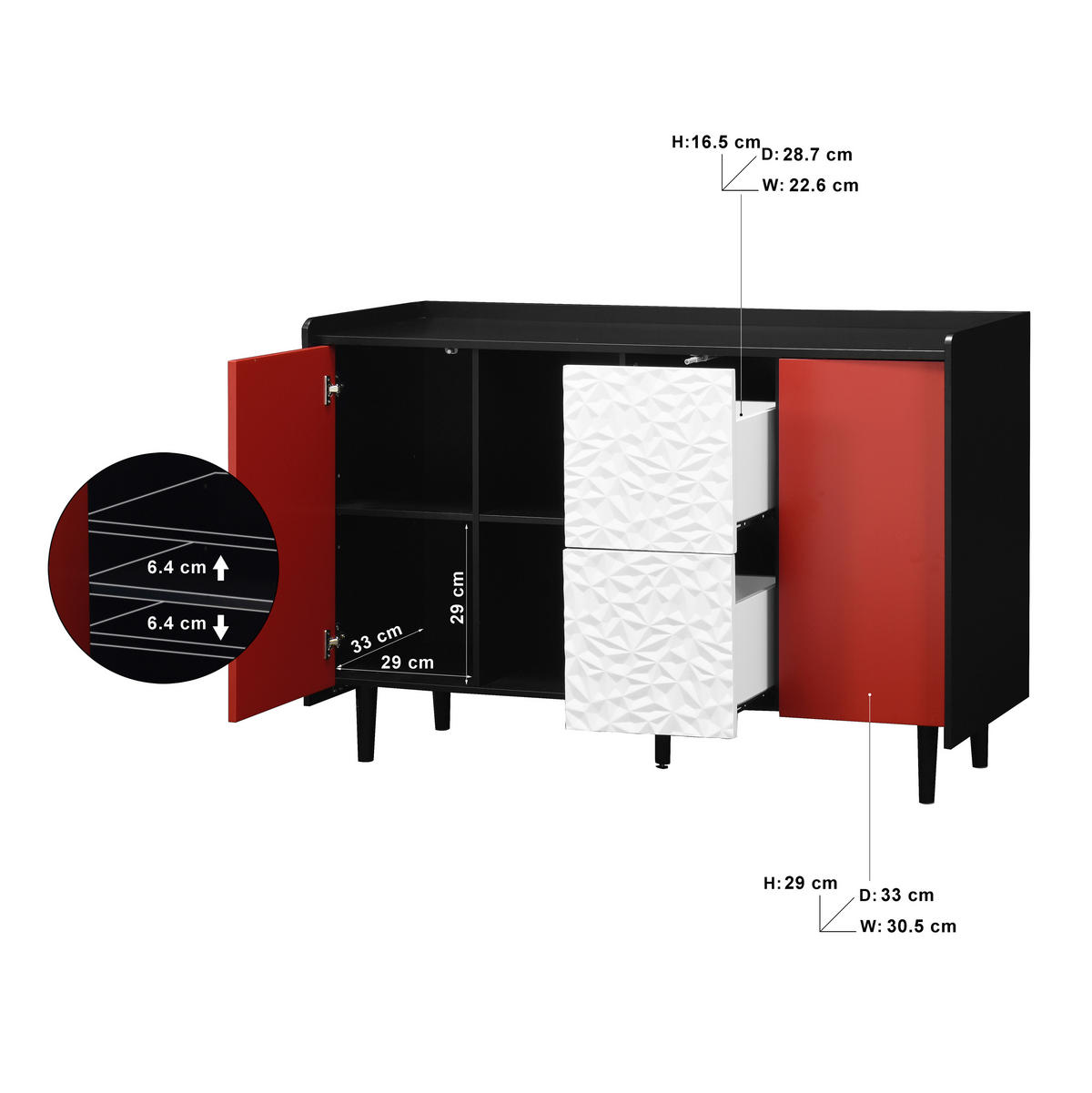 SIDEBOARD Schwarz Rot Weiß, mit Türen, 2 Schubladen, Innenfächern und geometrischer Strukturfront, 120/40/80 cm - Rot/Schwarz, Holzwerkstoff (120/80/40cm) - WISHDOR